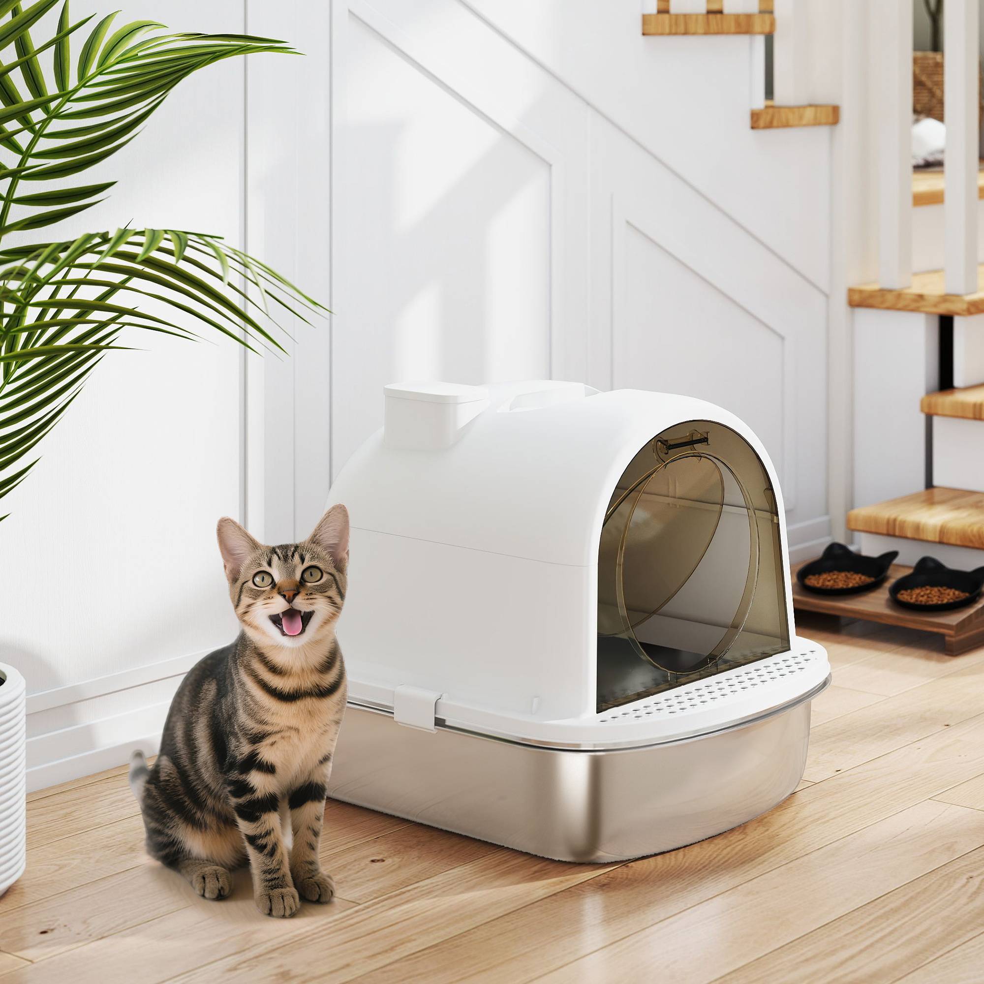 Litière chat acier inoxydable couverte sac désodorisant pelle facile nettoyer 52,4x41,3x39,9 cm blanc - Image 3