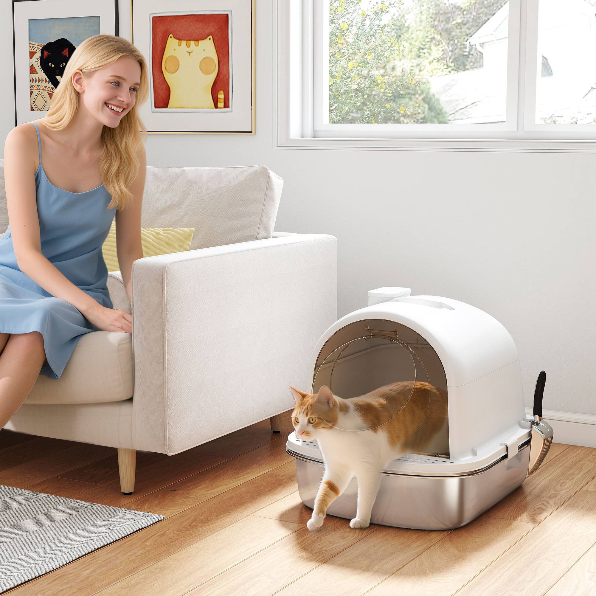 Litière chat acier inoxydable couverte sac désodorisant pelle facile nettoyer 52,4x41,3x39,9 cm blanc - Image 4