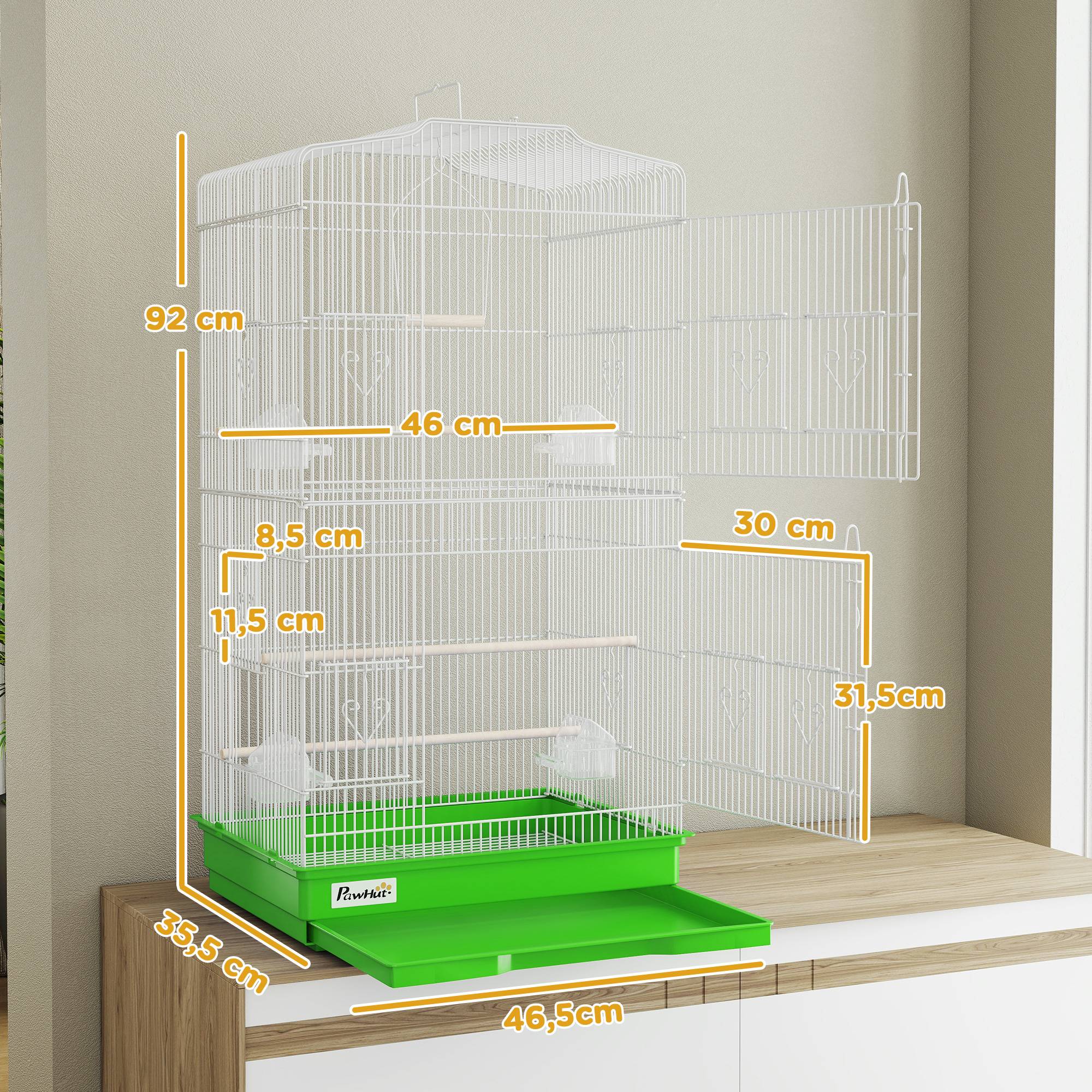 Cage à oiseaux métallique avec 4 mangeoires, 3 perchoirs, balançoire, plateau extractible et poignée, 46,5x35,5x92 cm, vert - Image 5