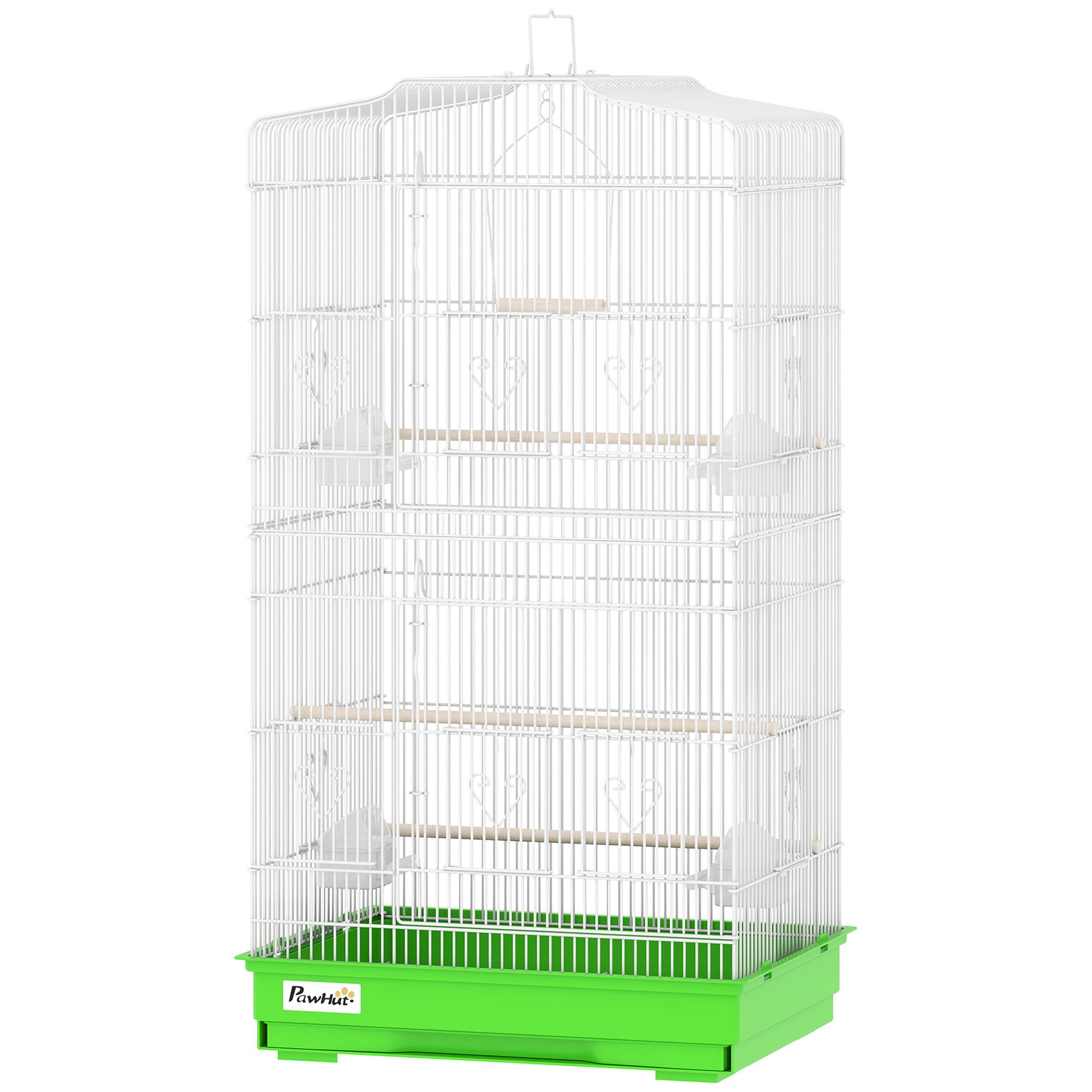 Cage à oiseaux métallique avec 4 mangeoires, 3 perchoirs, balançoire, plateau extractible et poignée, 46,5x35,5x92 cm, vert - Image 2