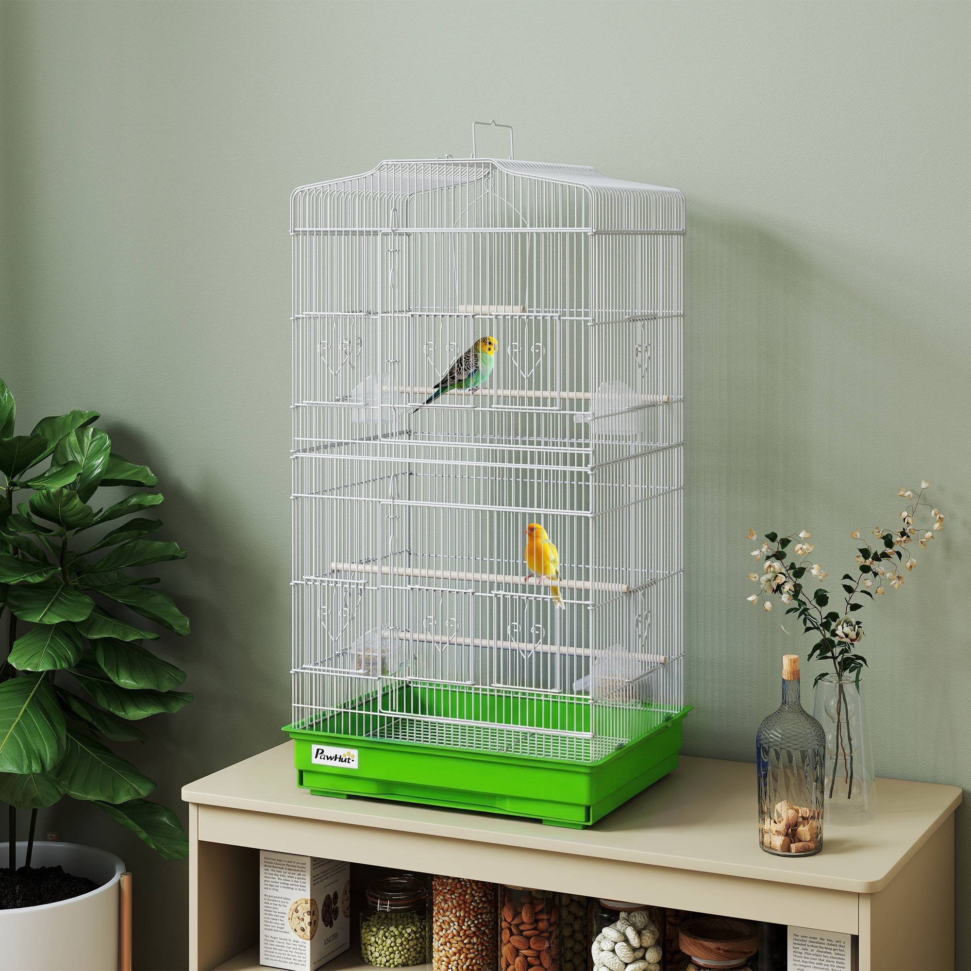 Cage à oiseaux métallique avec 4 mangeoires, 3 perchoirs, balançoire, plateau extractible et poignée, 46,5x35,5x92 cm, vert - Image 4