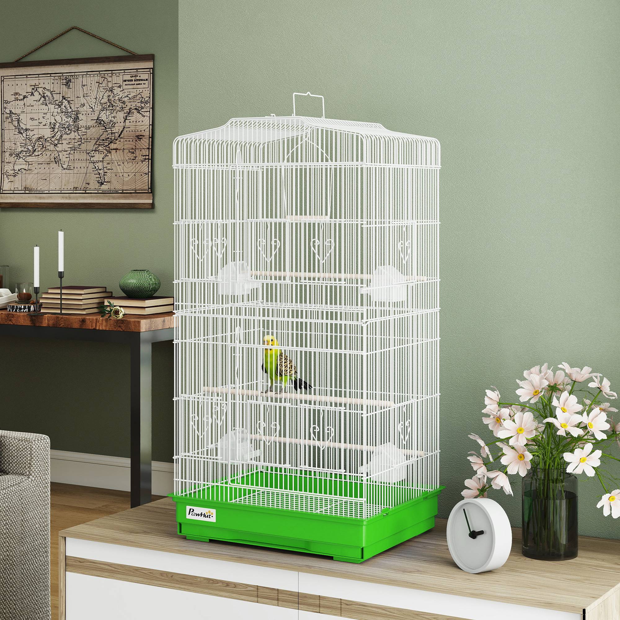 Cage à oiseaux métallique avec 4 mangeoires, 3 perchoirs, balançoire, plateau extractible et poignée, 46,5x35,5x92 cm, vert - Image 3