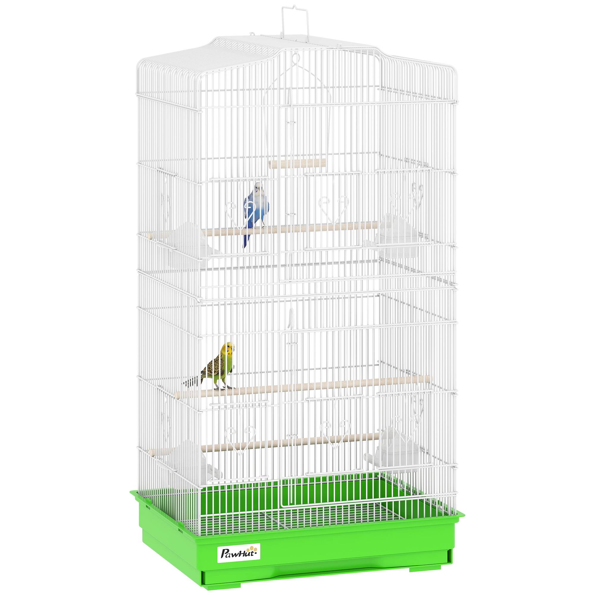 Cage à oiseaux métallique avec 4 mangeoires, 3 perchoirs, balançoire, plateau extractible et poignée, 46,5x35,5x92 cm, vert - Image 1