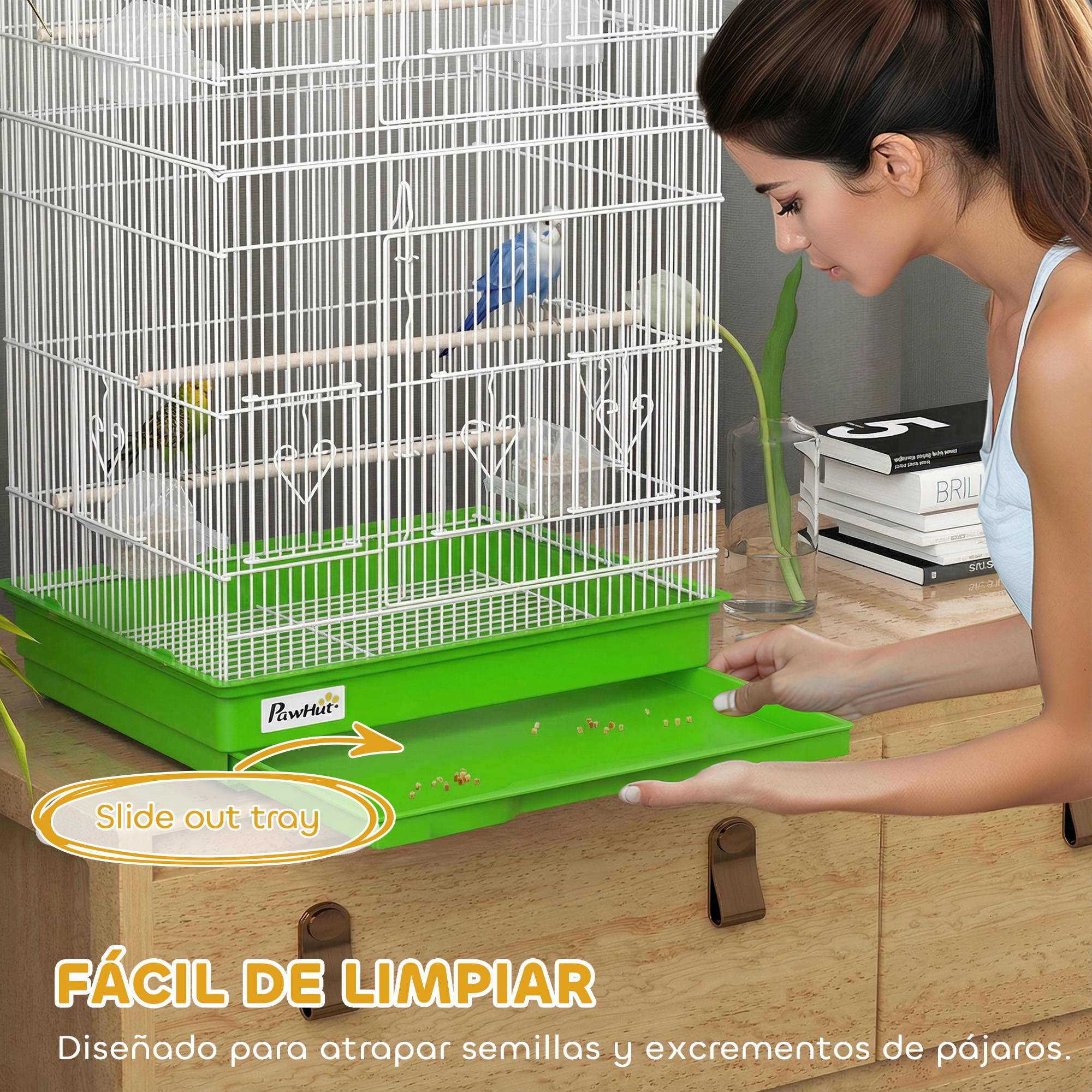 Cage à oiseaux métallique avec 4 mangeoires, 3 perchoirs, balançoire, plateau extractible et poignée, 46,5x35,5x92 cm, vert - Image 7