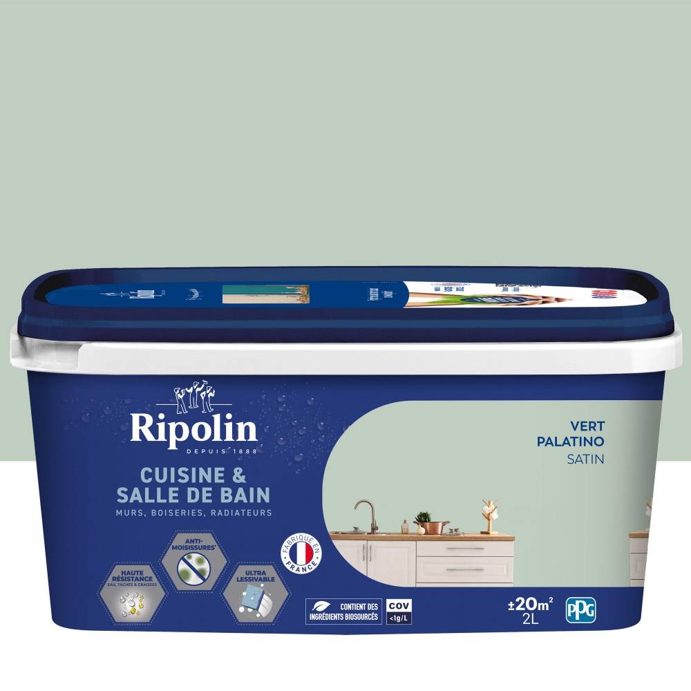 Ripolin - Peinture mur, RIPOLIN cuisine et bain, 2 litres, vert palatino satin