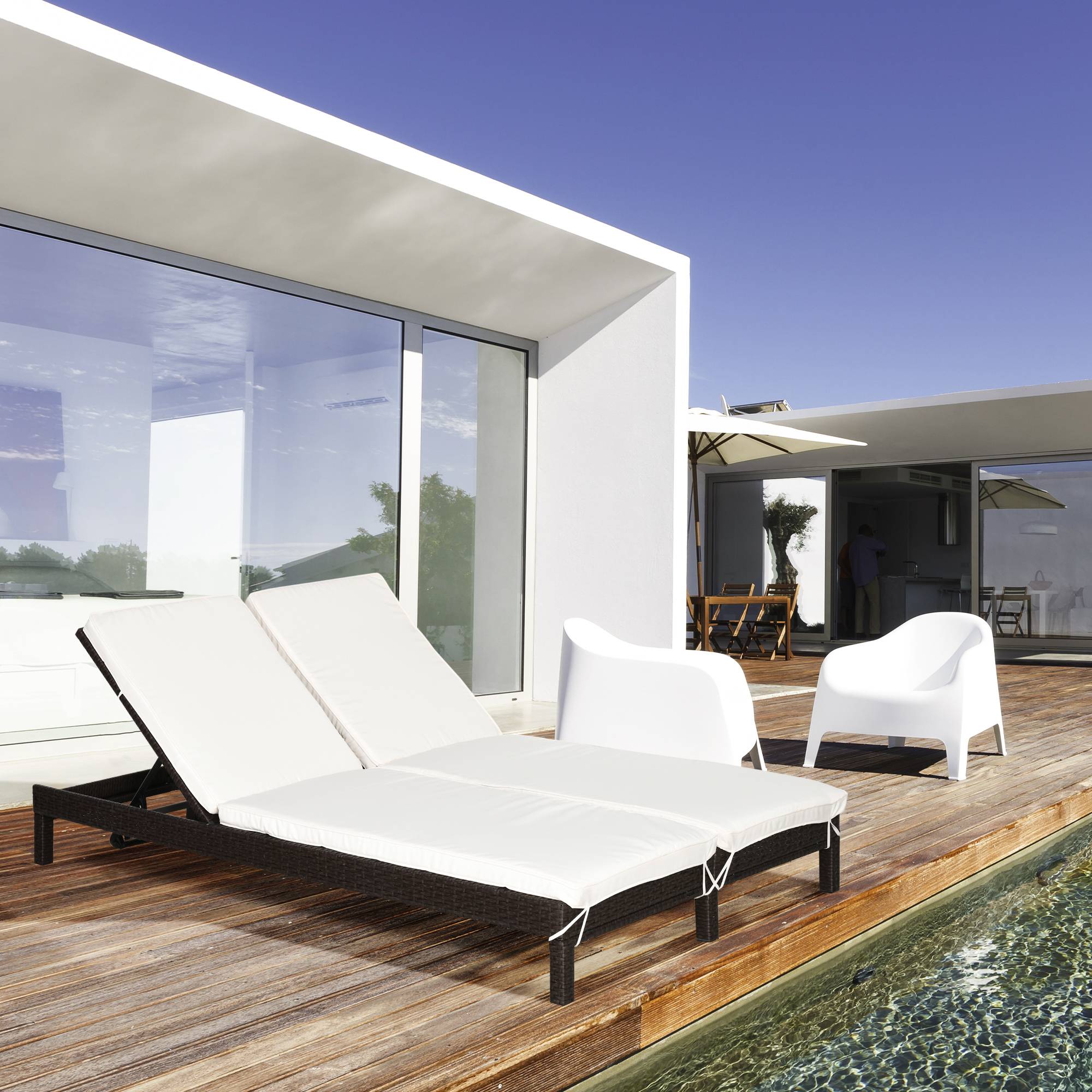 Outsunny - Bain de soleil transat 2 places - grand confort - dossier inclinable multi-positions - matelas fournis - résine tressée chocolat - Outsunny - Imagen 2