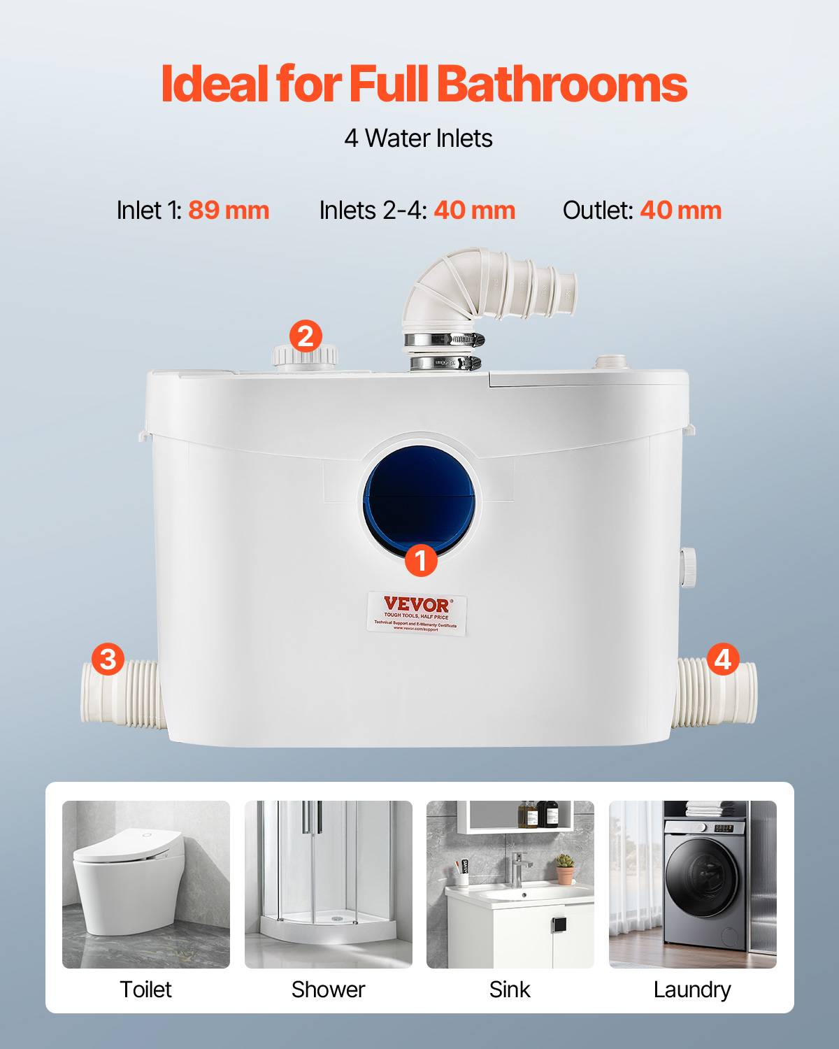 VEVOR Pompe macératrice 900W, sanitaire 4 entrées eau, 180 L/min, ht. refoulement 12 m. - Image 6