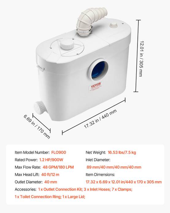 VEVOR Pompe macératrice 900W, sanitaire 4 entrées eau, 180 L/min, ht. refoulement 12 m. - Image 7