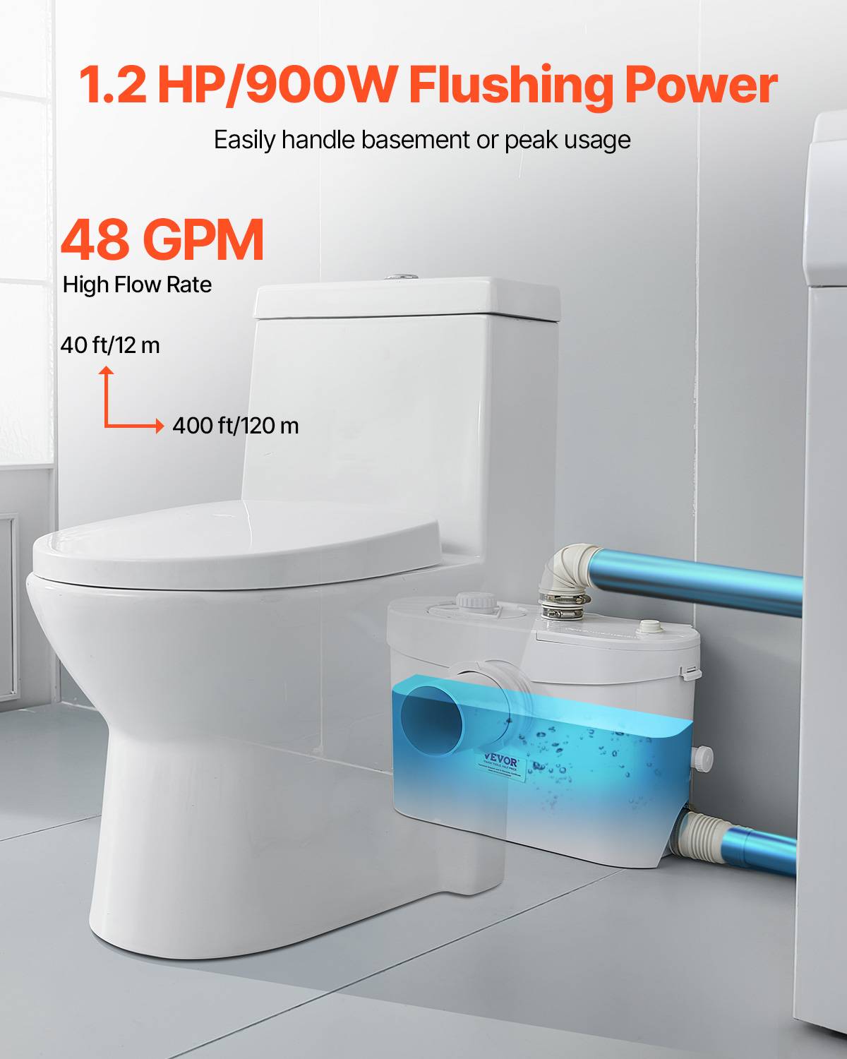 VEVOR Pompe macératrice 900W, sanitaire 4 entrées eau, 180 L/min, ht. refoulement 12 m. - Image 3