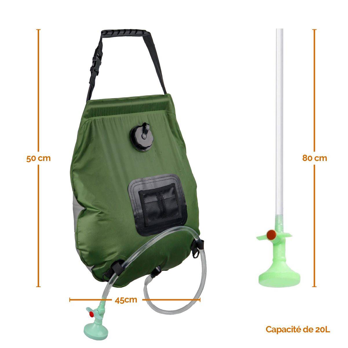 Linxor - Sac de douche solaire 20 L pour camping ou jardin - Vert kaki - Linxor - Imagen 2