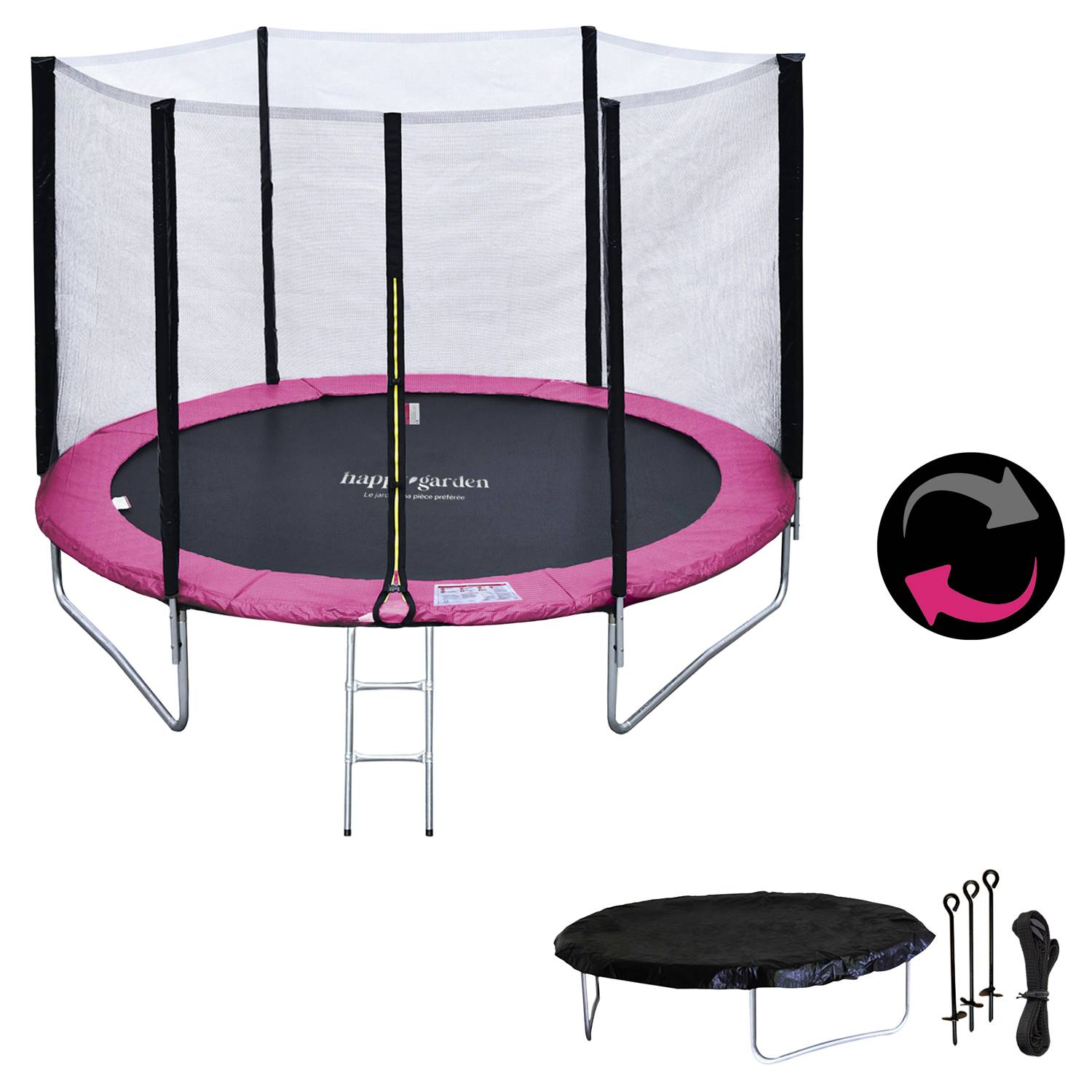 Pack Premium Trampoline 245cm réversible rose / gris CANBERRA + filet, échelle, bâche et kit d'ancr - HAPPY GARDEN - Image 2