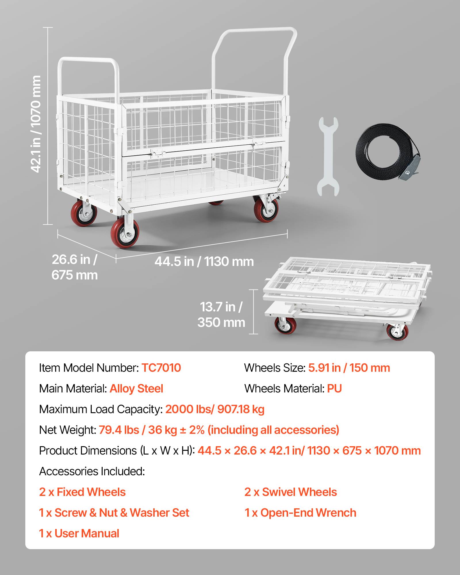 Vevor - VEVOR Chariot à Plateforme Chariot Plateau Cage Pliable 6 en 1 Charge 907 kg - Image 6