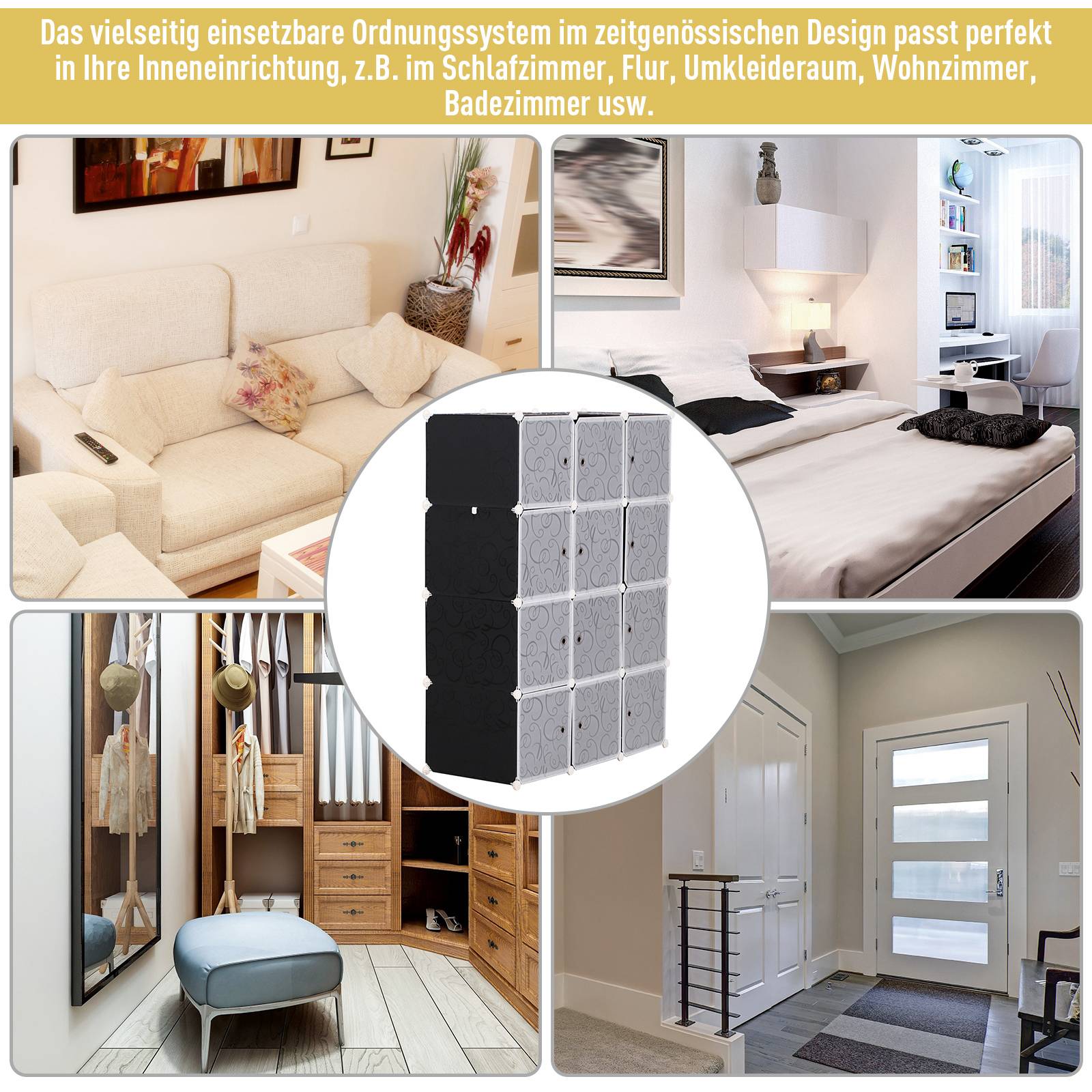 Système d’étagères modulaires 111x47x145 cm, 2 grands cubes et 9 petits, rangement dressing et chaussures, noir - Image 9