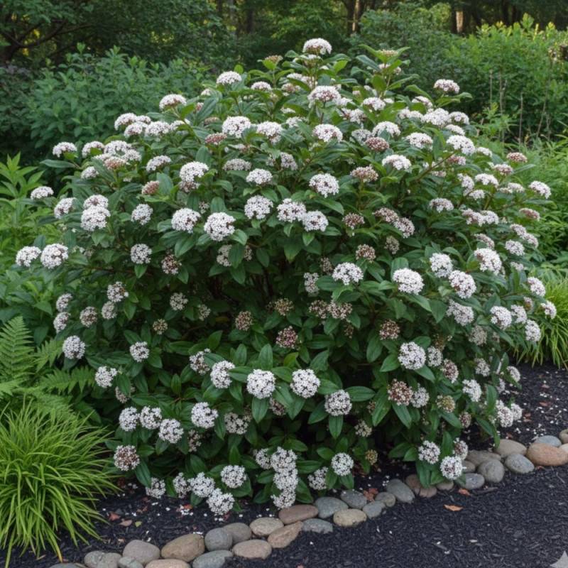 Viorne de Prague, Viburnum à fleurs Blanche - feuillage Persistant - Godet - 5/20 cm-  hauteur à maturité De 2,50 m à 3,00 m - Image 3