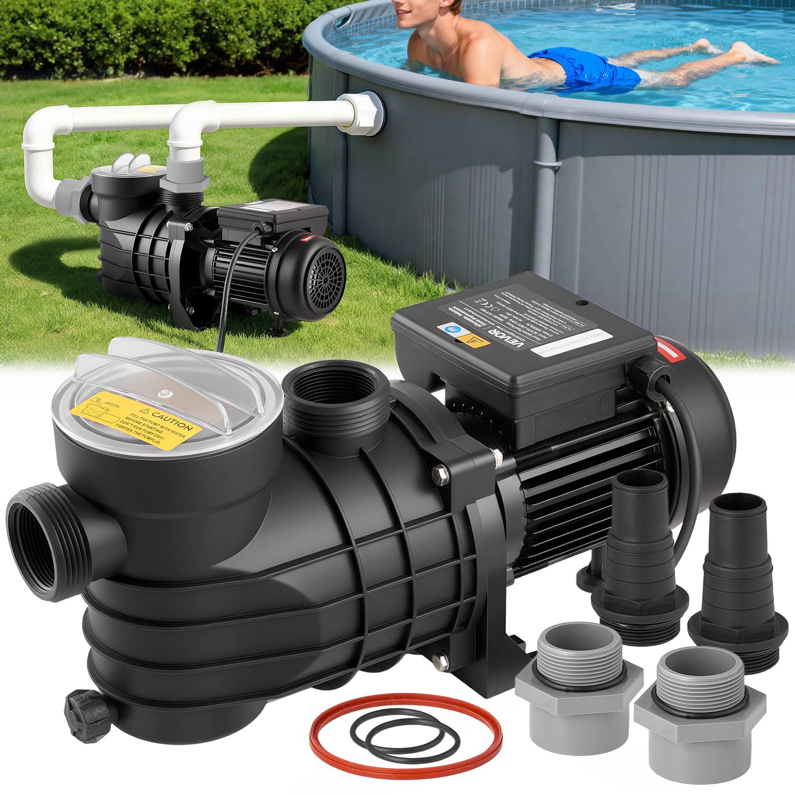 Vevor - VEVOR Pompe Piscine Hors Sol 180 W, 10800 L/h, Hauteur 8 m, Monovitesse, Panier filtrant et couvercle inclus. - Image 1