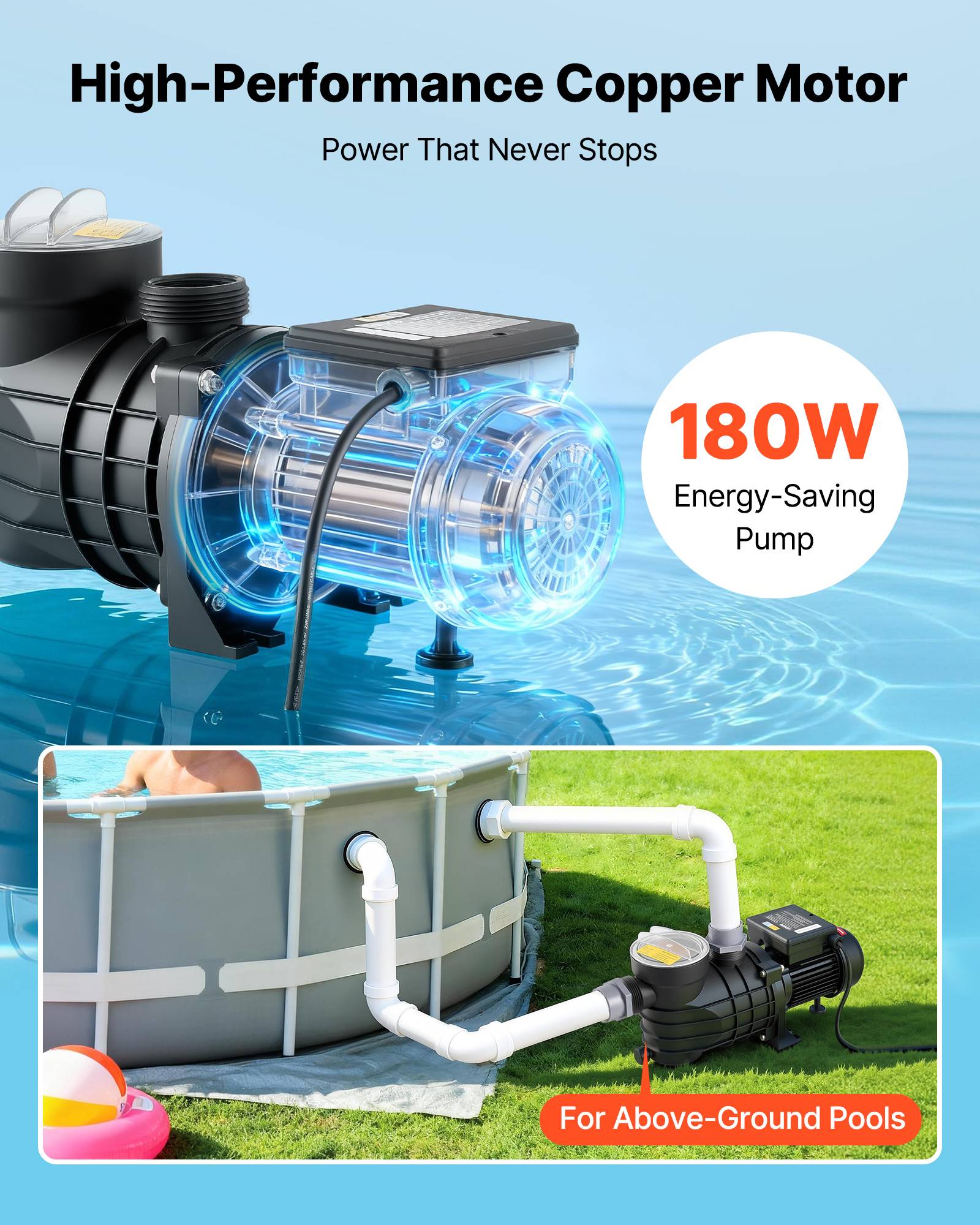 Vevor - VEVOR Pompe Piscine Hors Sol 180 W, 10800 L/h, Hauteur 8 m, Monovitesse, Panier filtrant et couvercle inclus. - Image 3