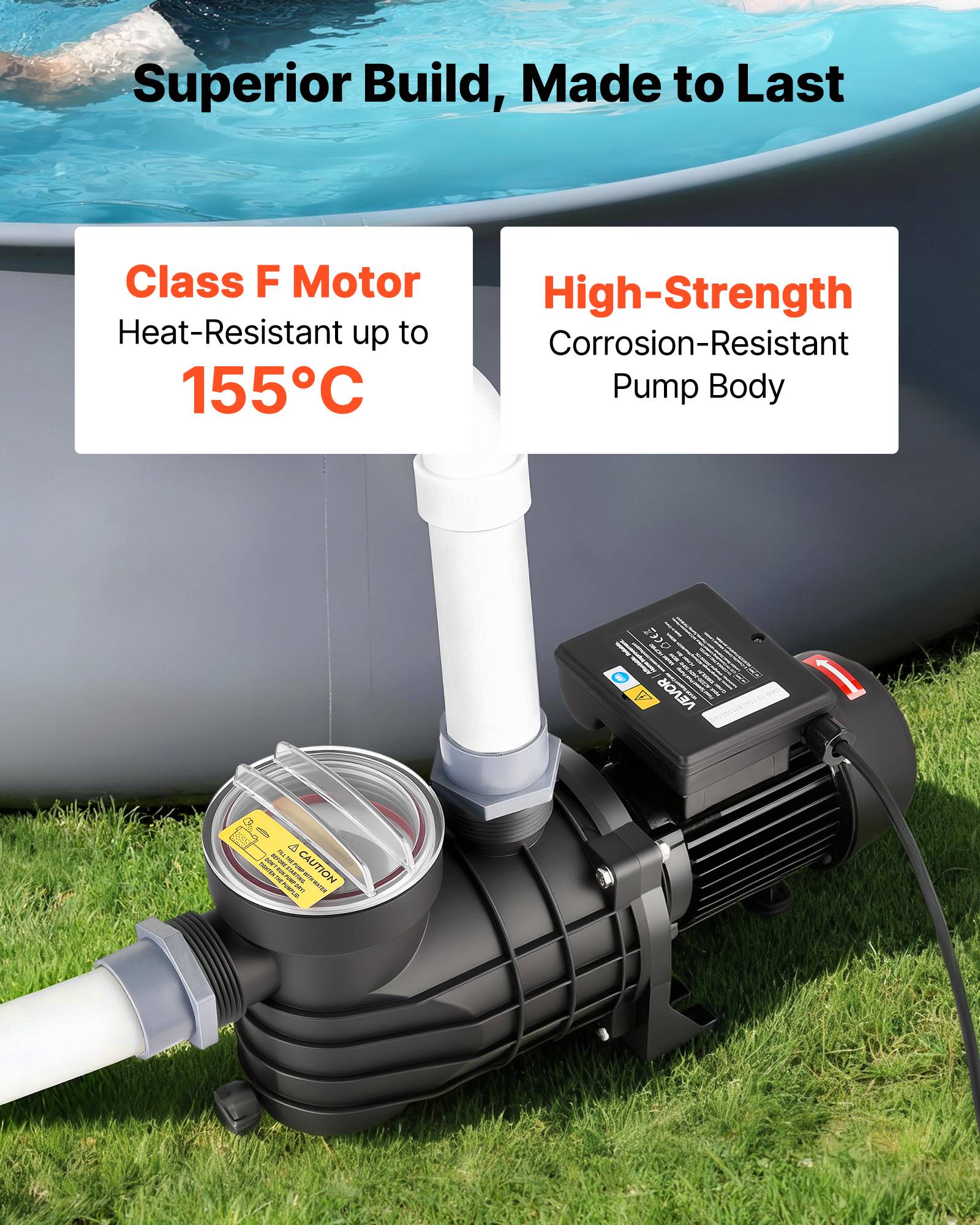 Vevor - VEVOR Pompe Piscine Hors Sol 180 W, 10800 L/h, Hauteur 8 m, Monovitesse, Panier filtrant et couvercle inclus. - Image 5