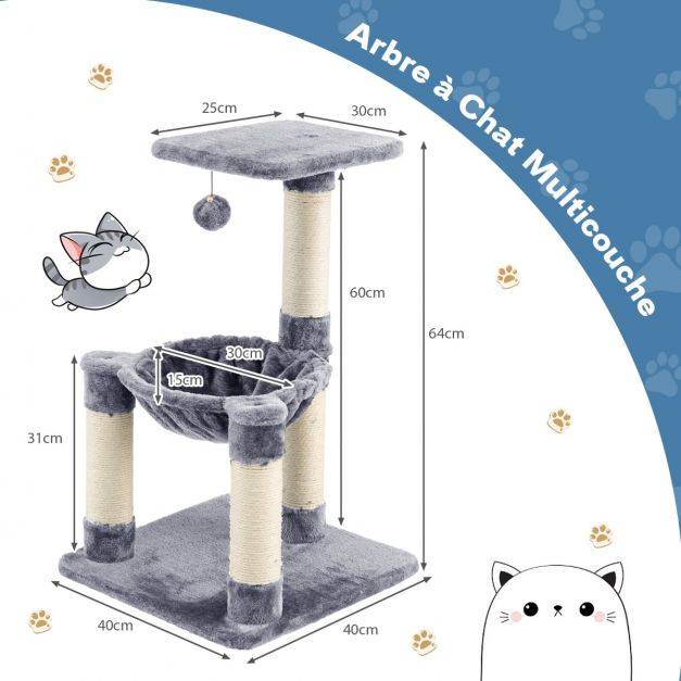 Helloshop26 - Arbre à chat avec griffoir de sisal hamac confortable balle suspendue à jouer grande plate-forme 40 x 40 x 64 cm gris - Imagen 3