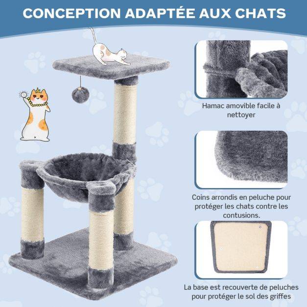 Helloshop26 - Arbre à chat avec griffoir de sisal hamac confortable balle suspendue à jouer grande plate-forme 40 x 40 x 64 cm gris - Imagen 2