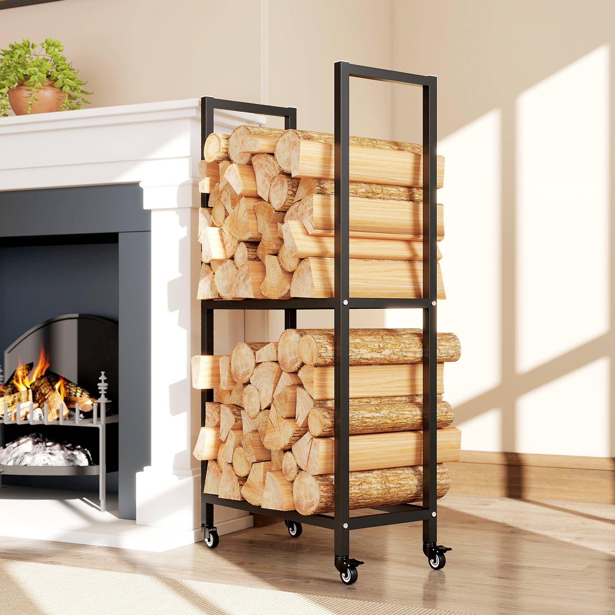 Étagère à bûches à deux niveaux pour intérieur et extérieur, avec roues en acier renforcé, 60 x 30 x 119 cm, noire - Image 3