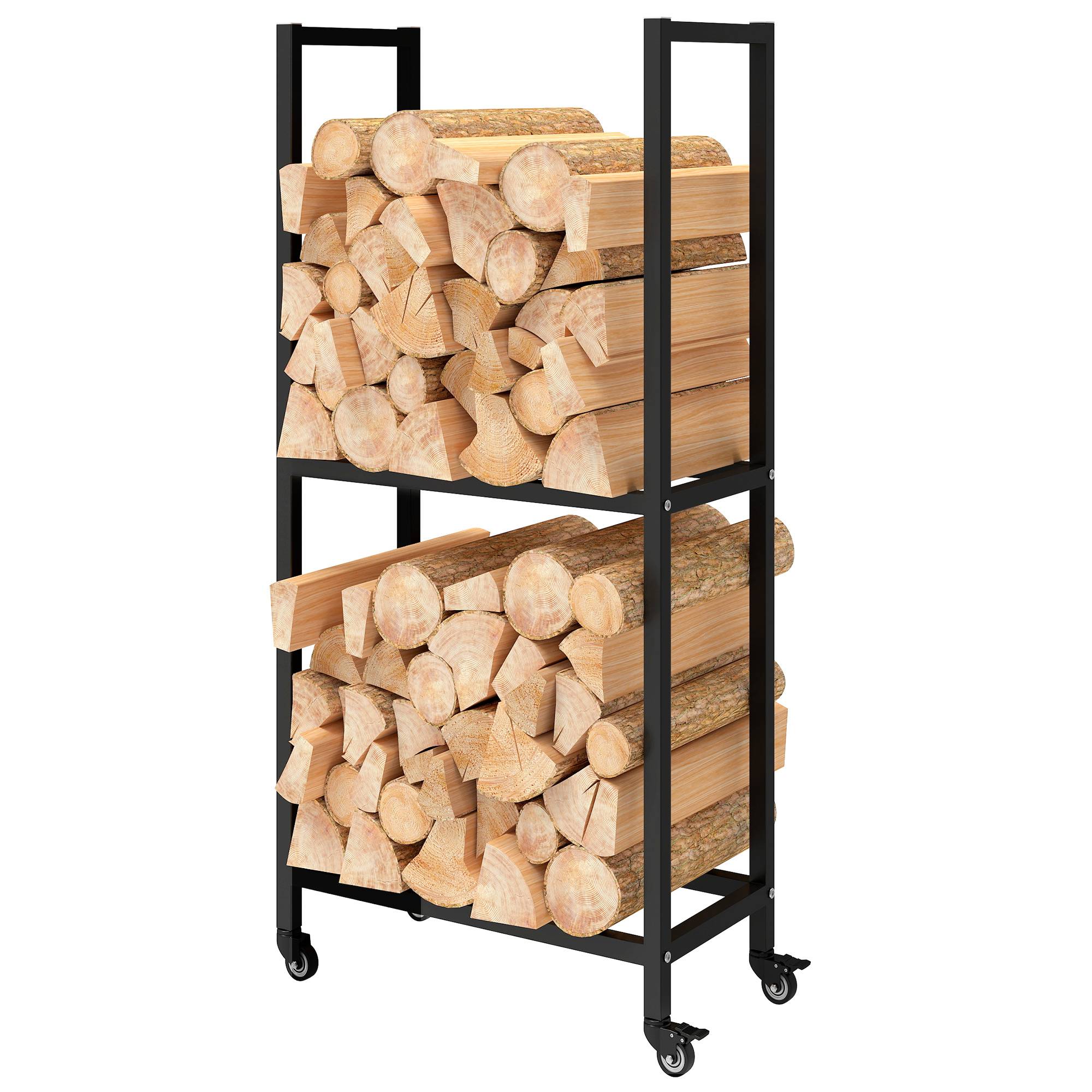 Étagère à bûches à deux niveaux pour intérieur et extérieur, avec roues en acier renforcé, 60 x 30 x 119 cm, noire - Image 2