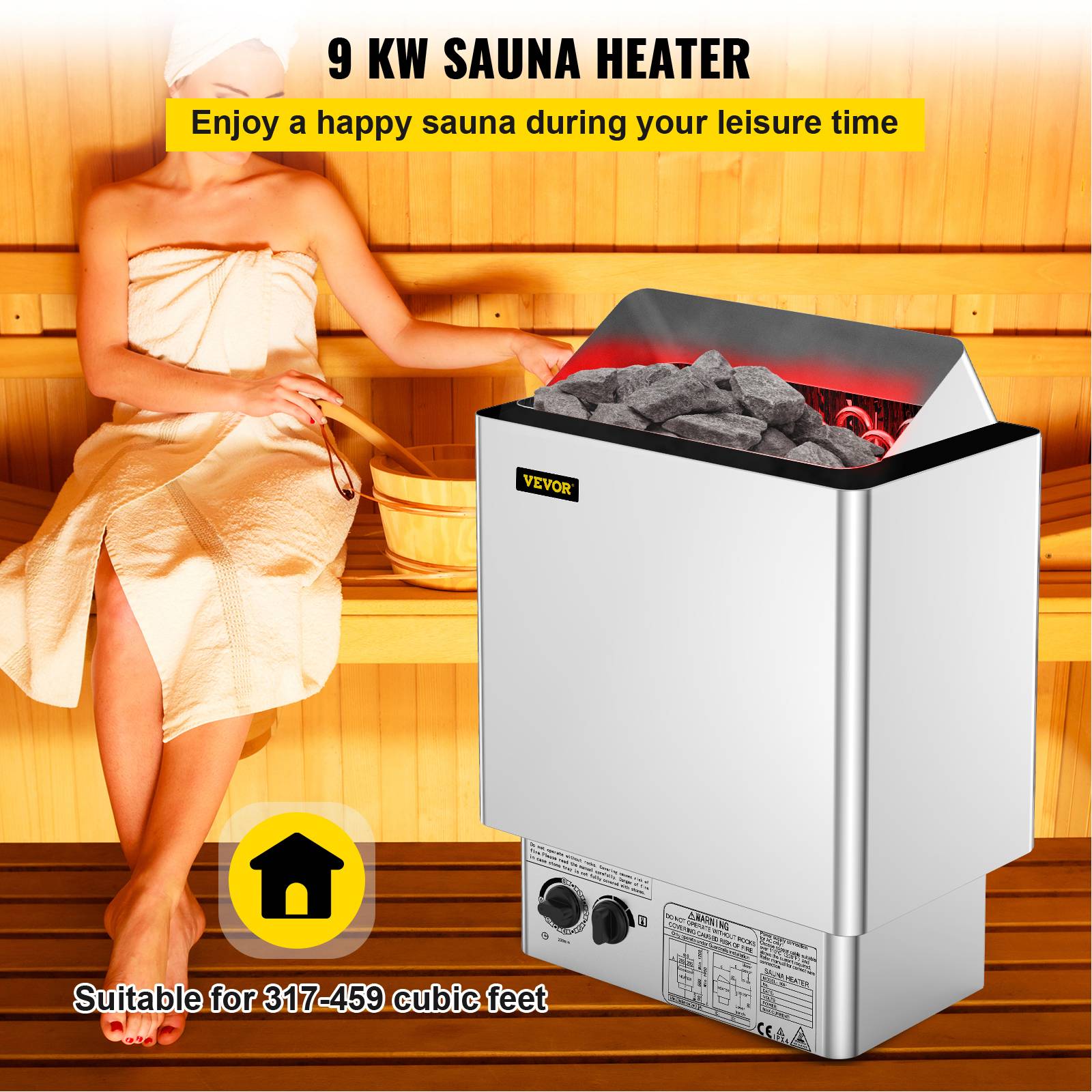 VEVOR Poêle de sauna électrique 9kW, contrôle thermostatique, 380-415V, pour espace 9-13m³, température 30-110°C. - Image 2
