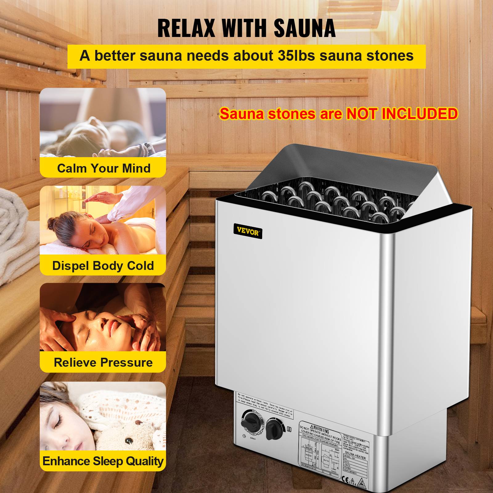 VEVOR Poêle de sauna électrique 9kW, contrôle thermostatique, 380-415V, pour espace 9-13m³, température 30-110°C. - Image 6