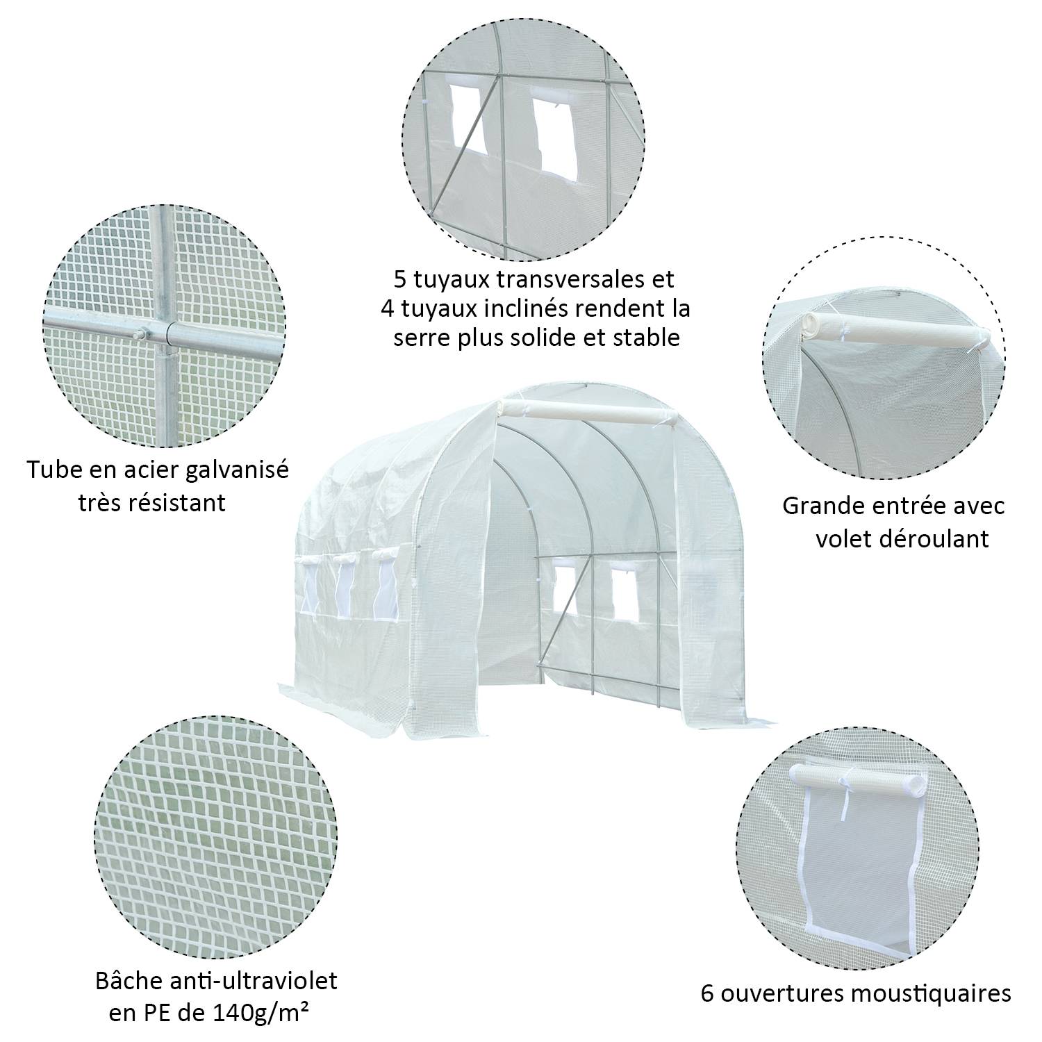 Outsunny - Serre de jardin tunnel surface sol 7m² châssis tubulaire renforcé 18 mm 6 fenêtres blanc - Outsunny - Image 4