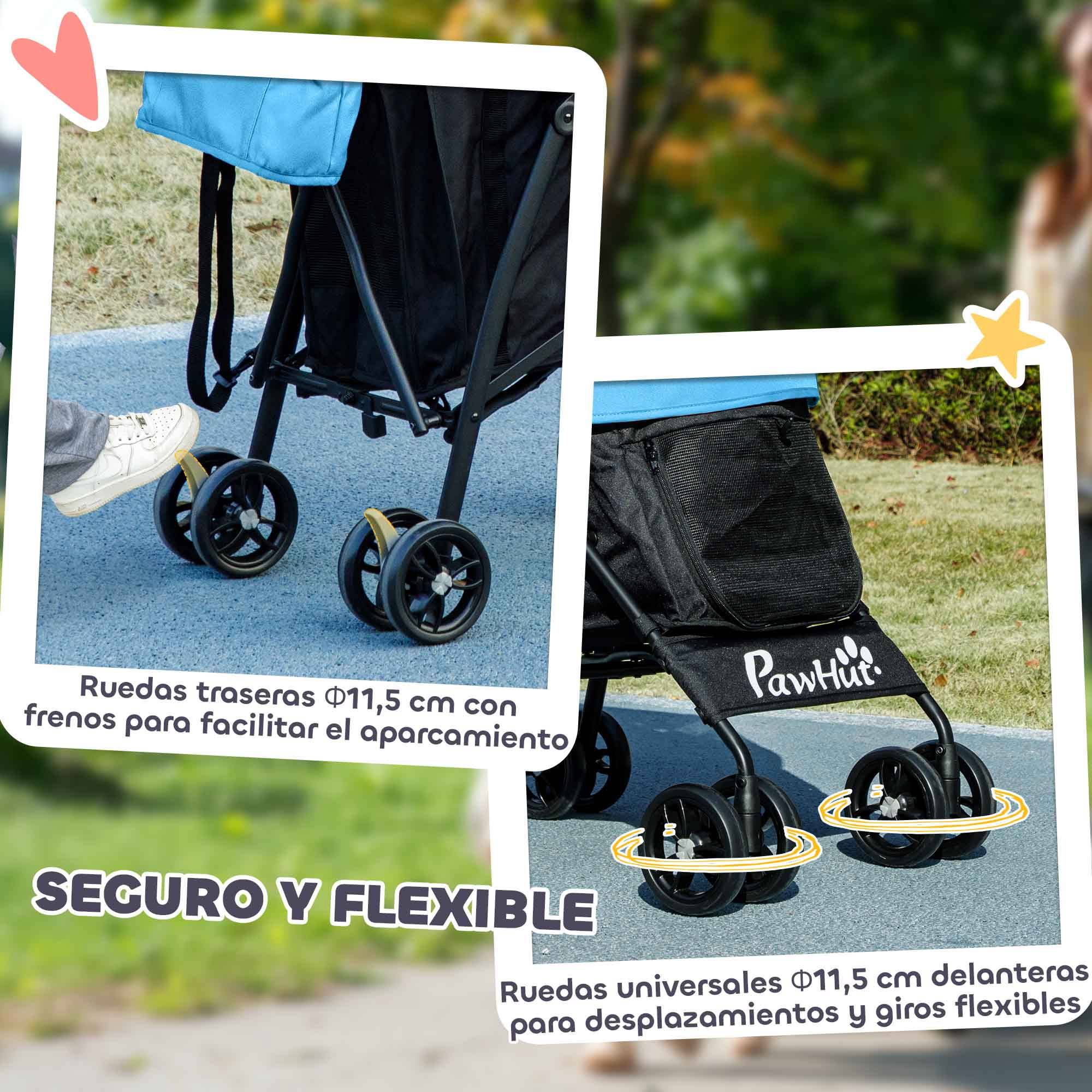 Poussette pour petit chien avec structure parapluie, coussin lavable, porte-gobelet, fenêtres en filet et sac de transport - Bleue - Image 10