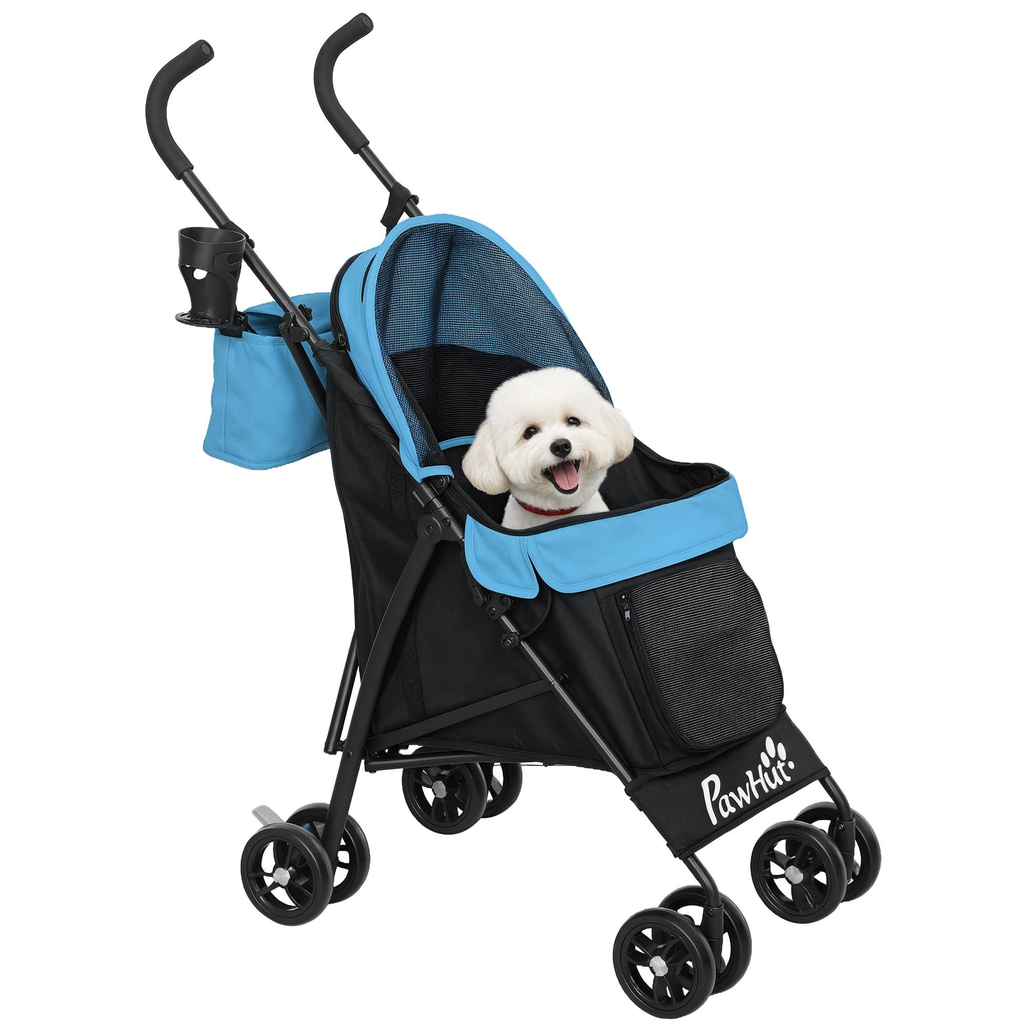 Poussette pour petit chien avec structure parapluie, coussin lavable, porte-gobelet, fenêtres en filet et sac de transport - Bleue - Image 1