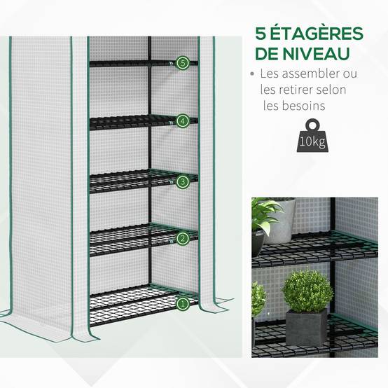 Serre de jardin Serre 5 niveaux avec 1 porte enroulable, Bâche en PE Renforcée Résistante dim. 90L x 49l x 193H cm - Image 7
