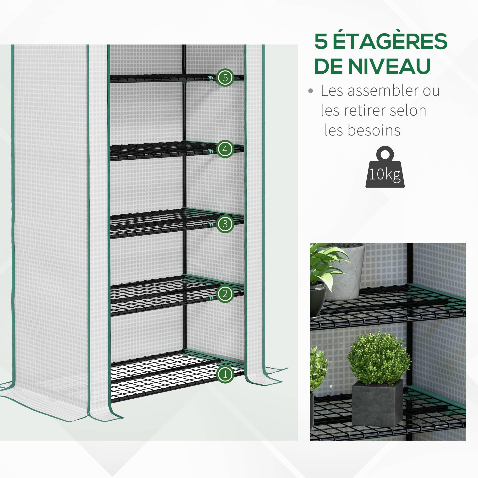 Serre de jardin Serre 5 niveaux avec 1 porte enroulable, Bâche en PE Renforcée Résistante dim. 90L x 49l x 193H cm - Image 7