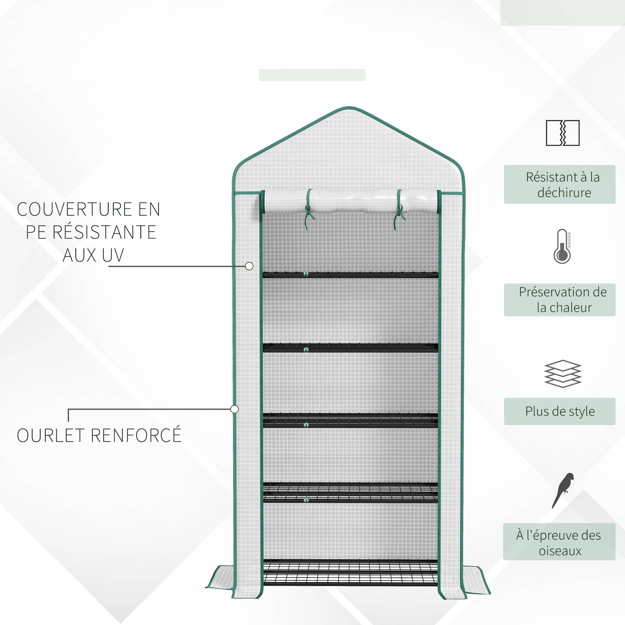 Serre de jardin Serre 5 niveaux avec 1 porte enroulable, Bâche en PE Renforcée Résistante dim. 90L x 49l x 193H cm - Image 8
