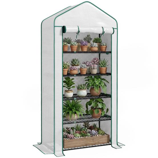 Serre de jardin Serre 5 niveaux avec 1 porte enroulable, Bâche en PE Renforcée Résistante dim. 90L x 49l x 193H cm - Image 1