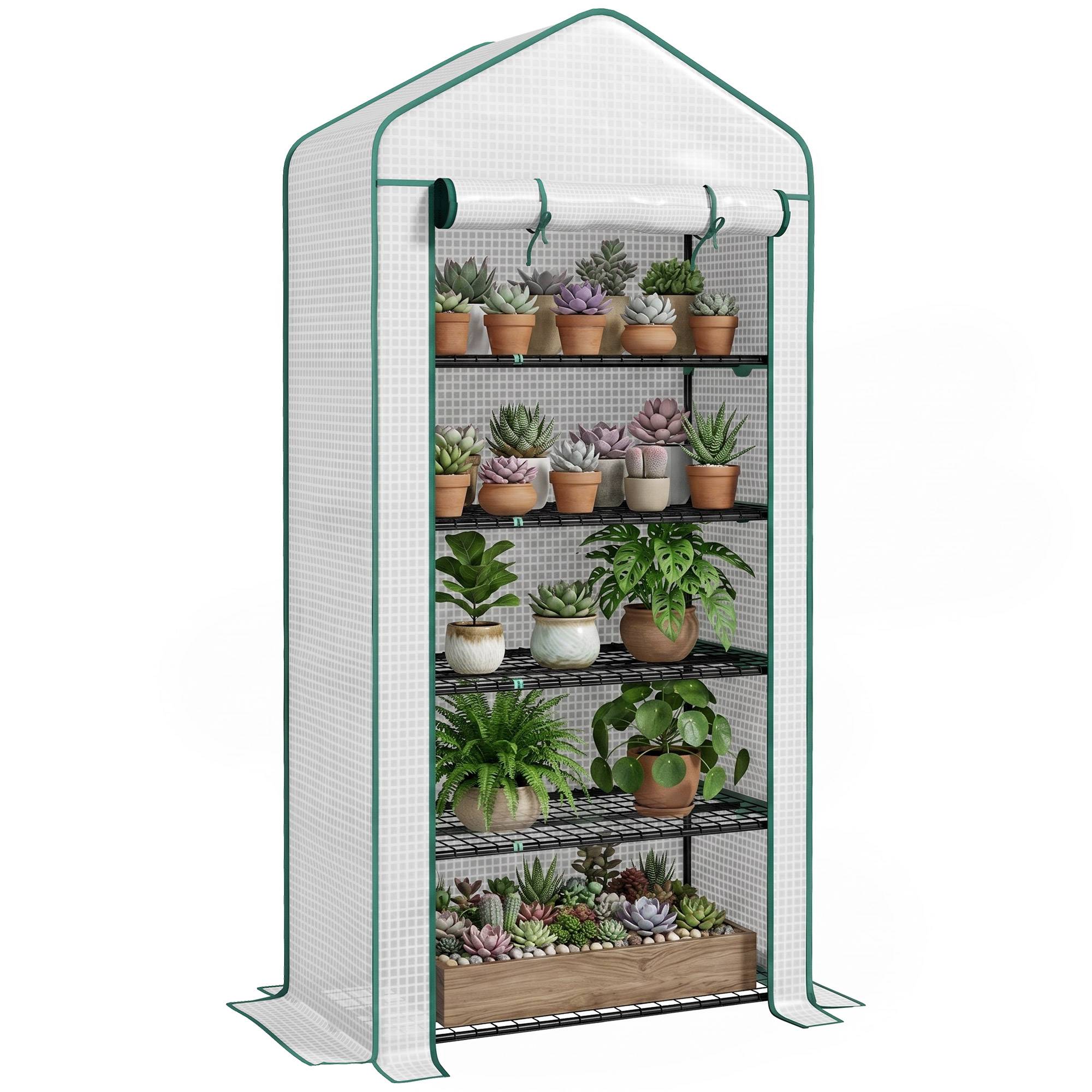Serre de jardin Serre 5 niveaux avec 1 porte enroulable, Bâche en PE Renforcée Résistante dim. 90L x 49l x 193H cm - Image 1