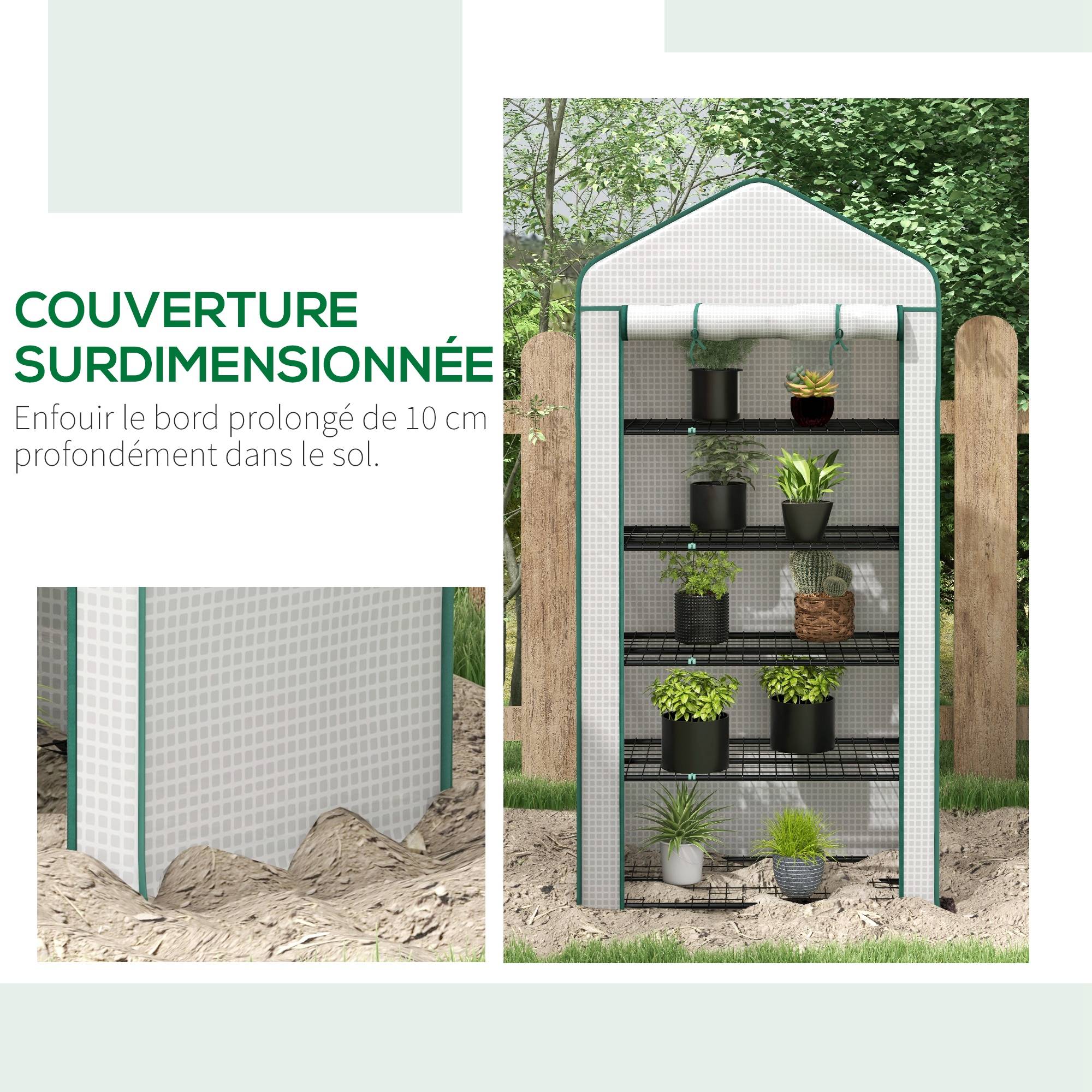 Serre de jardin Serre 5 niveaux avec 1 porte enroulable, Bâche en PE Renforcée Résistante dim. 90L x 49l x 193H cm - Image 10