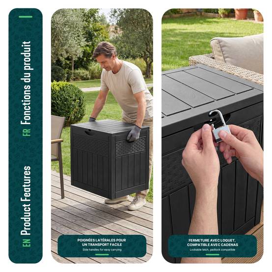 Coffre de Rangement Exterieur 126L en PP 56x43x53CM Style Polyrotin Noir - Image 6
