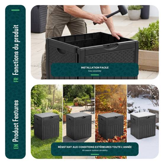 Coffre de Rangement Exterieur 126L en PP 56x43x53CM Style Polyrotin Noir - Image 7