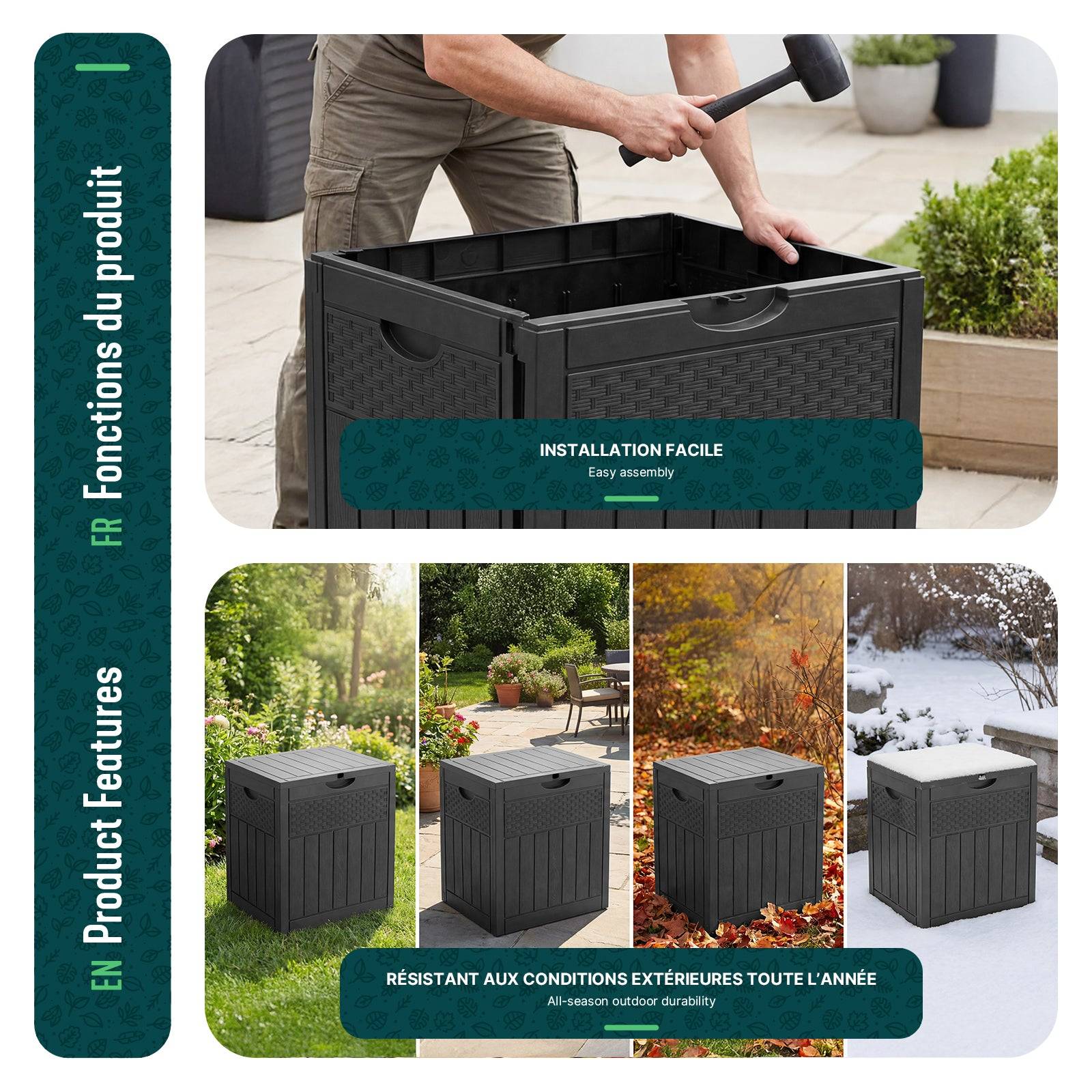 Coffre de Rangement Exterieur 126L en PP 56x43x53CM Style Polyrotin Noir - Image 7