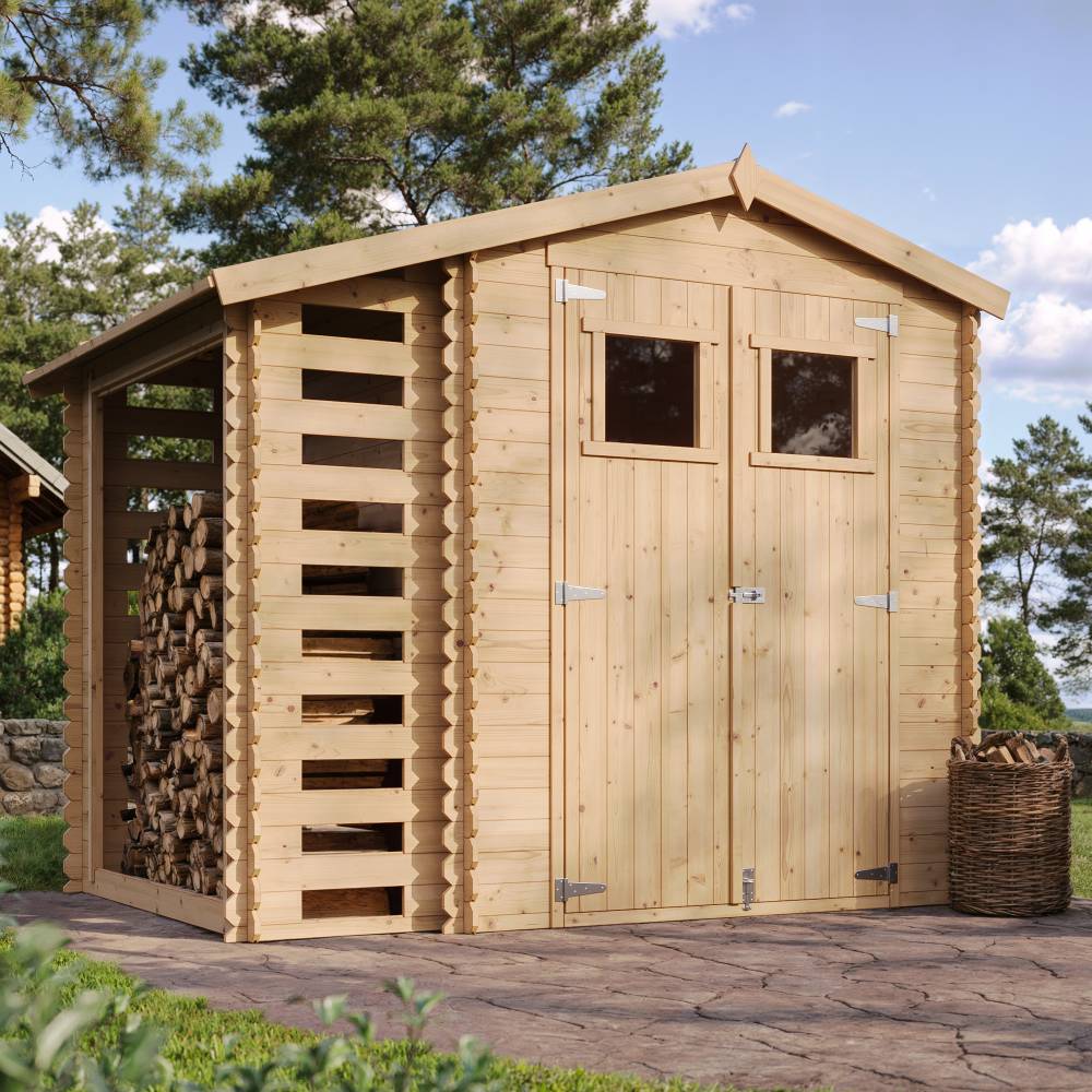 Timbela - Abri de jardin en bois et range bûches extérieur I206xL272xH218 cm/ 3,53+0,97 m² avec sol traité - 19 mm d’épaisseur - Timbela M386+M386G