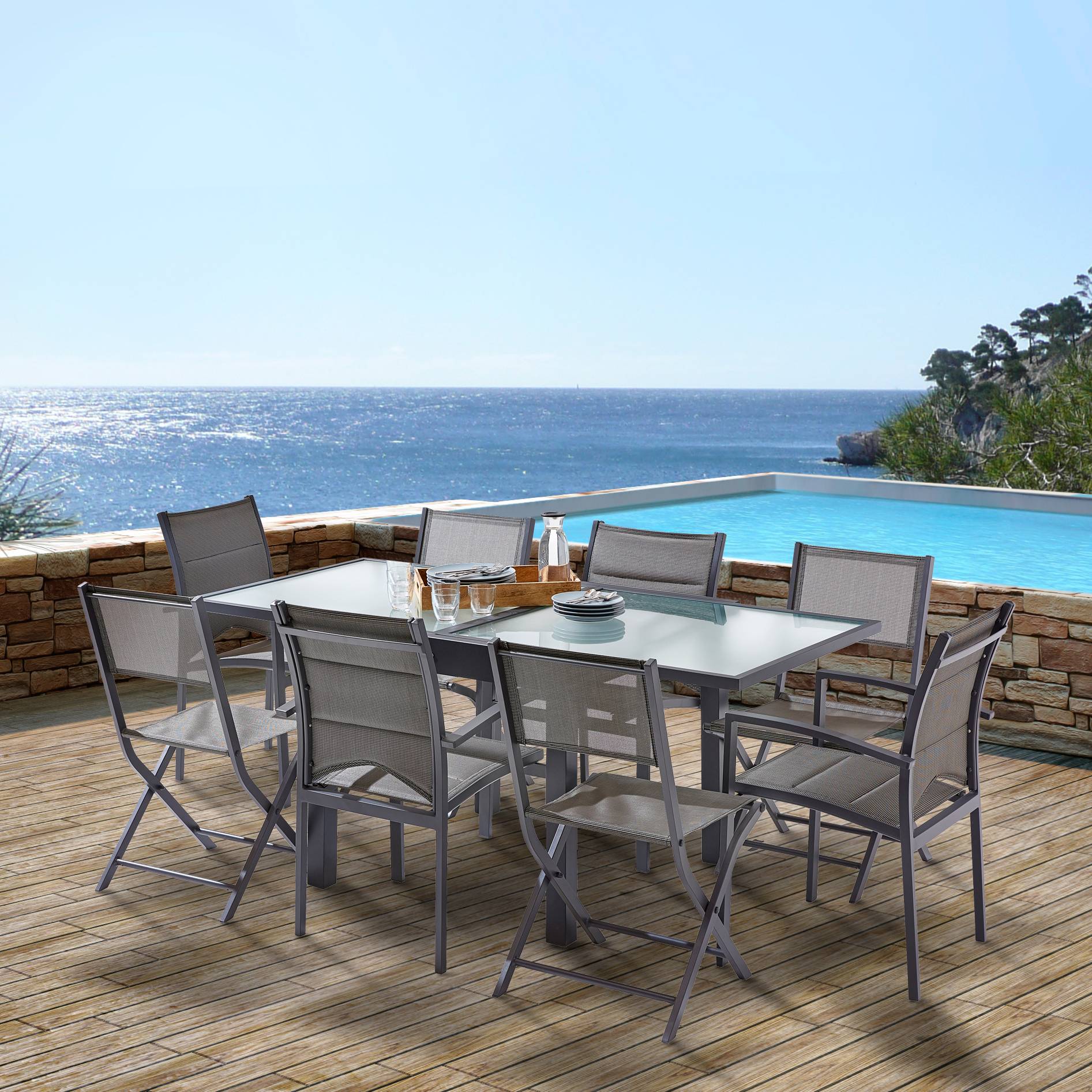 Wilsa Garden - Ensemble MODULO 4/8p en aluminium gris et verre transparent modulable, 4 fauteuils et 4 chaises pliantes - Imagen 2