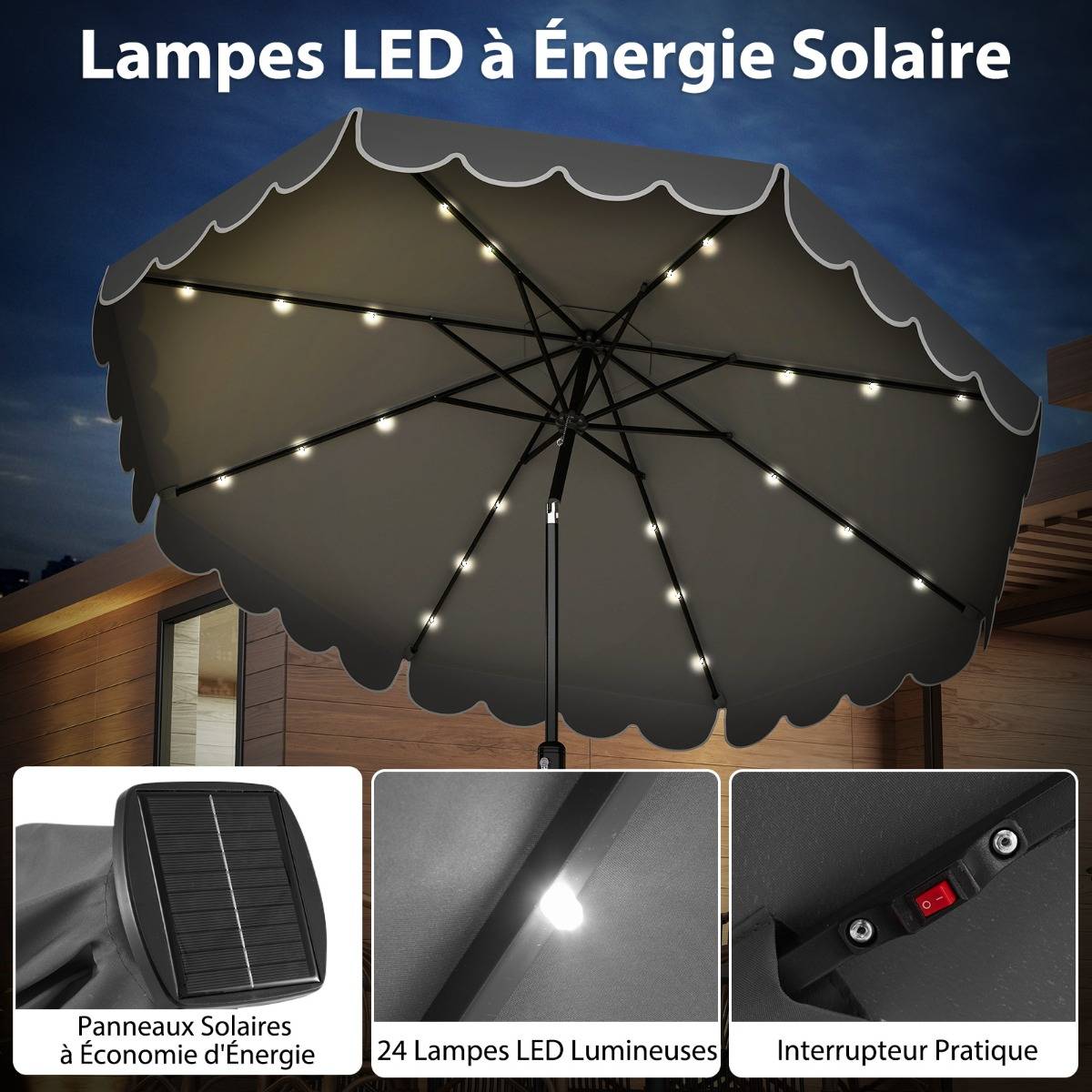 Maison Chic - Parasol de Patio de 3 M avec 24 LED Réglage de l'Inclinaison Manivelle Facile 8 Nervures - Image 6