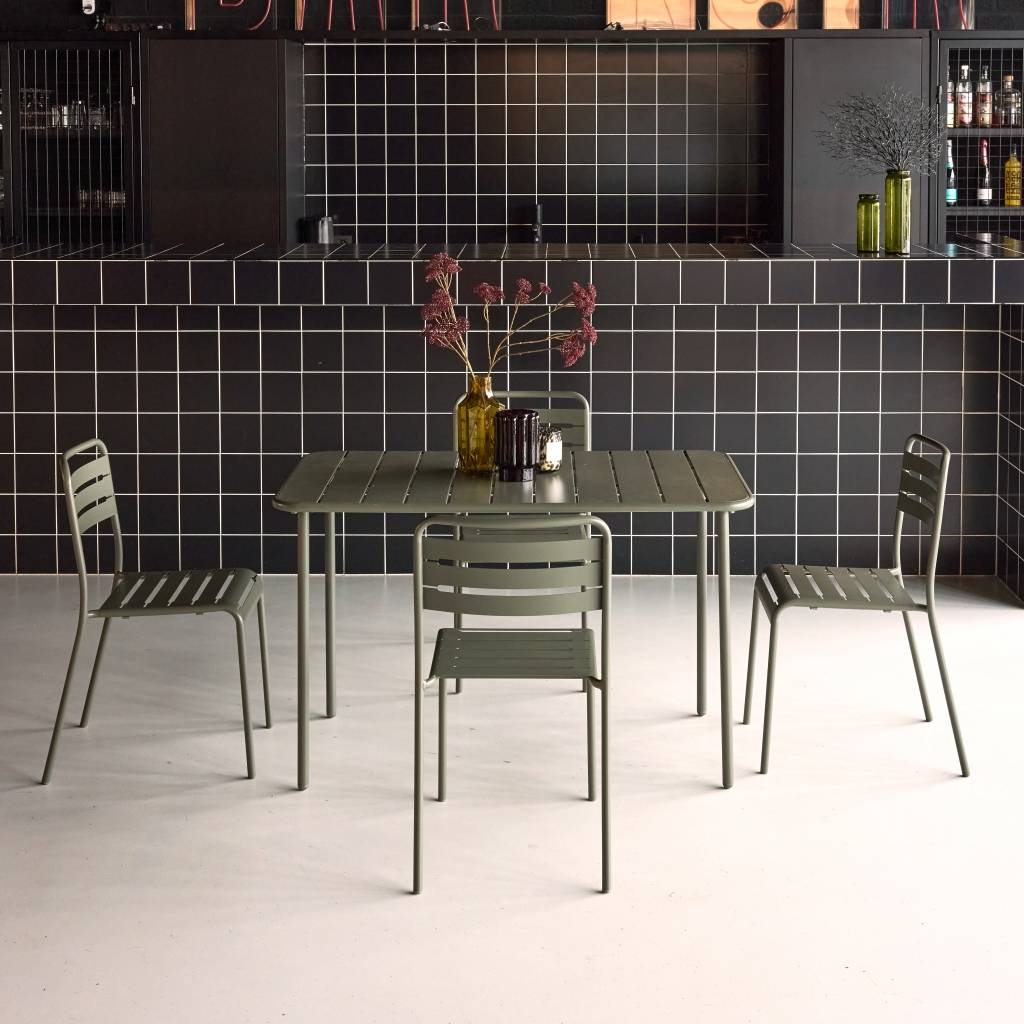 sweeek - Table de jardin métal + 4 assises kaki en acier. Amelia. 120x70xH72.5cm (12.2kg) | sweeek - Image 1