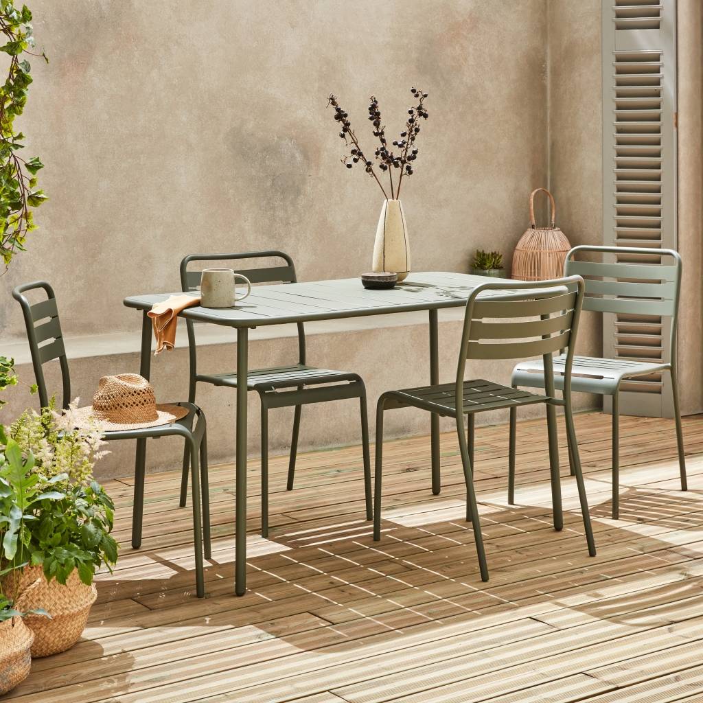 sweeek - Table de jardin métal + 4 assises kaki en acier. Amelia. 120x70xH72.5cm (12.2kg) | sweeek - Image 1