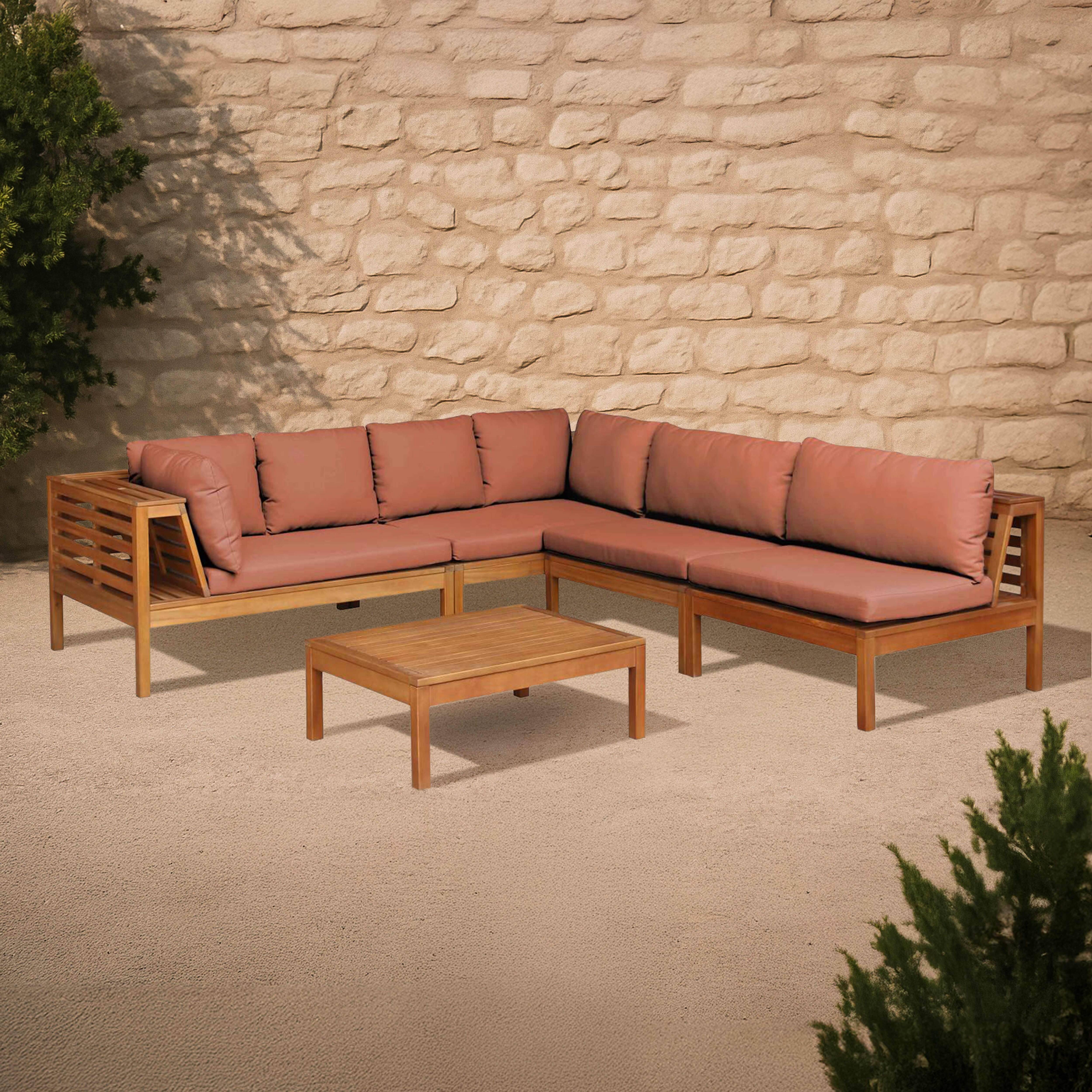 Oviala - Salon de jardin bas d'angle 5 places en bois avec table terracotta Maupiti - Oviala - Imagen 2