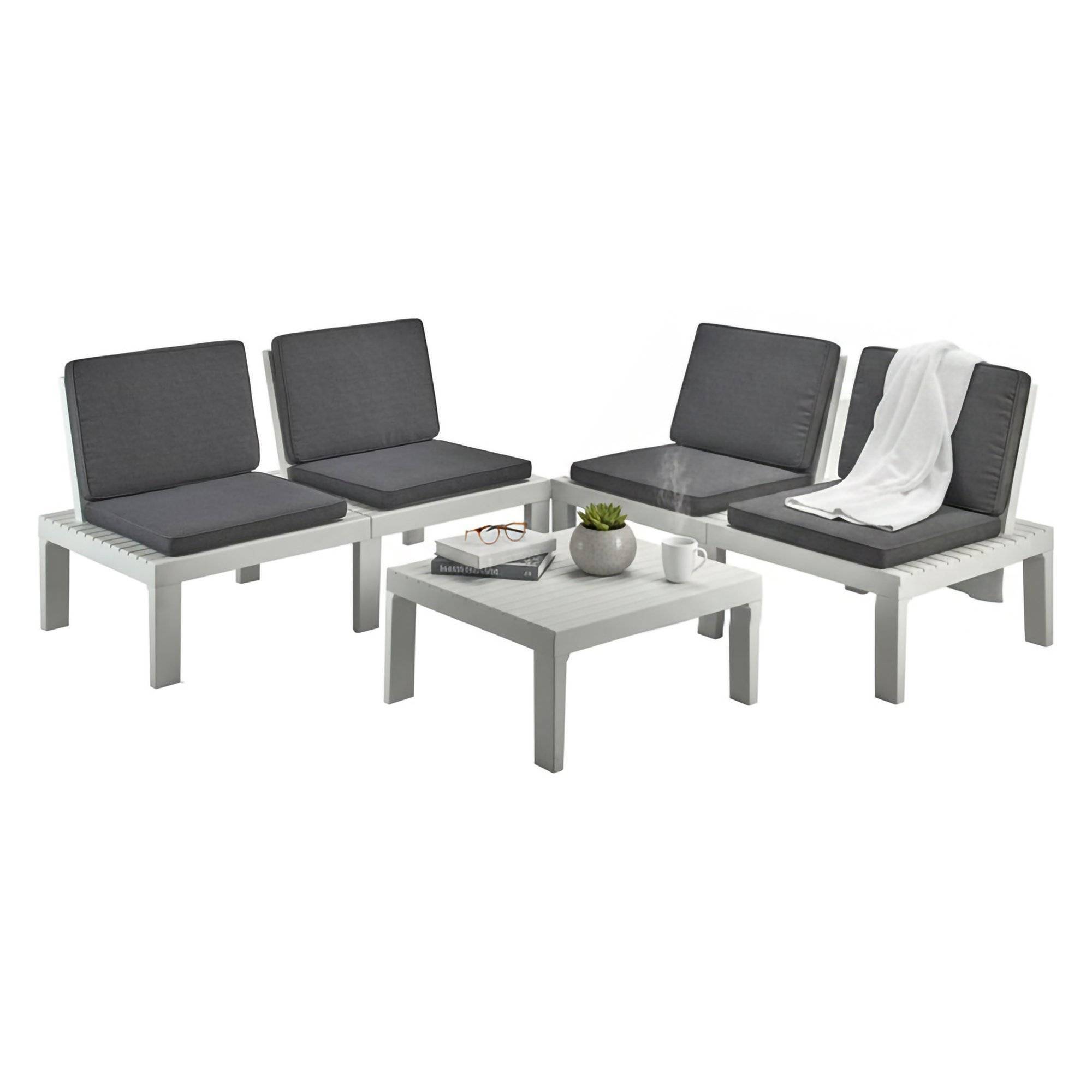 Dmora - Salon d'extérieur Vigevano, Composition de jardin avec 4 sièges avec dossier et 1 module multifonction, Lounge avec coussins, Blanc - Dmora - Imagen 1