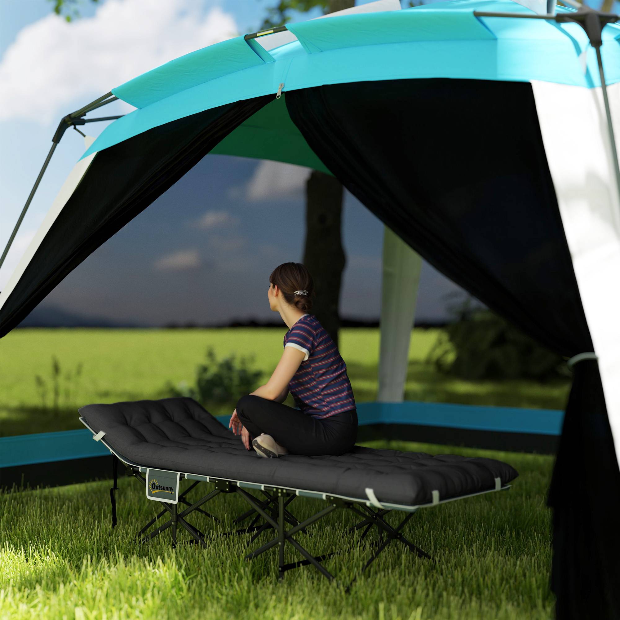 Lit de camping pliant avec matelas amovible, appui-tête et sac de transport 186 x 68 x 37 cm Noir - Image 4