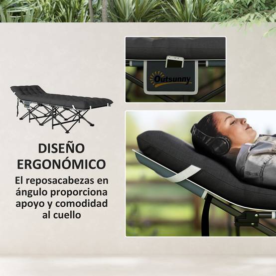 Lit de camping pliant avec matelas amovible, appui-tête et sac de transport 186 x 68 x 37 cm Noir - Image 7