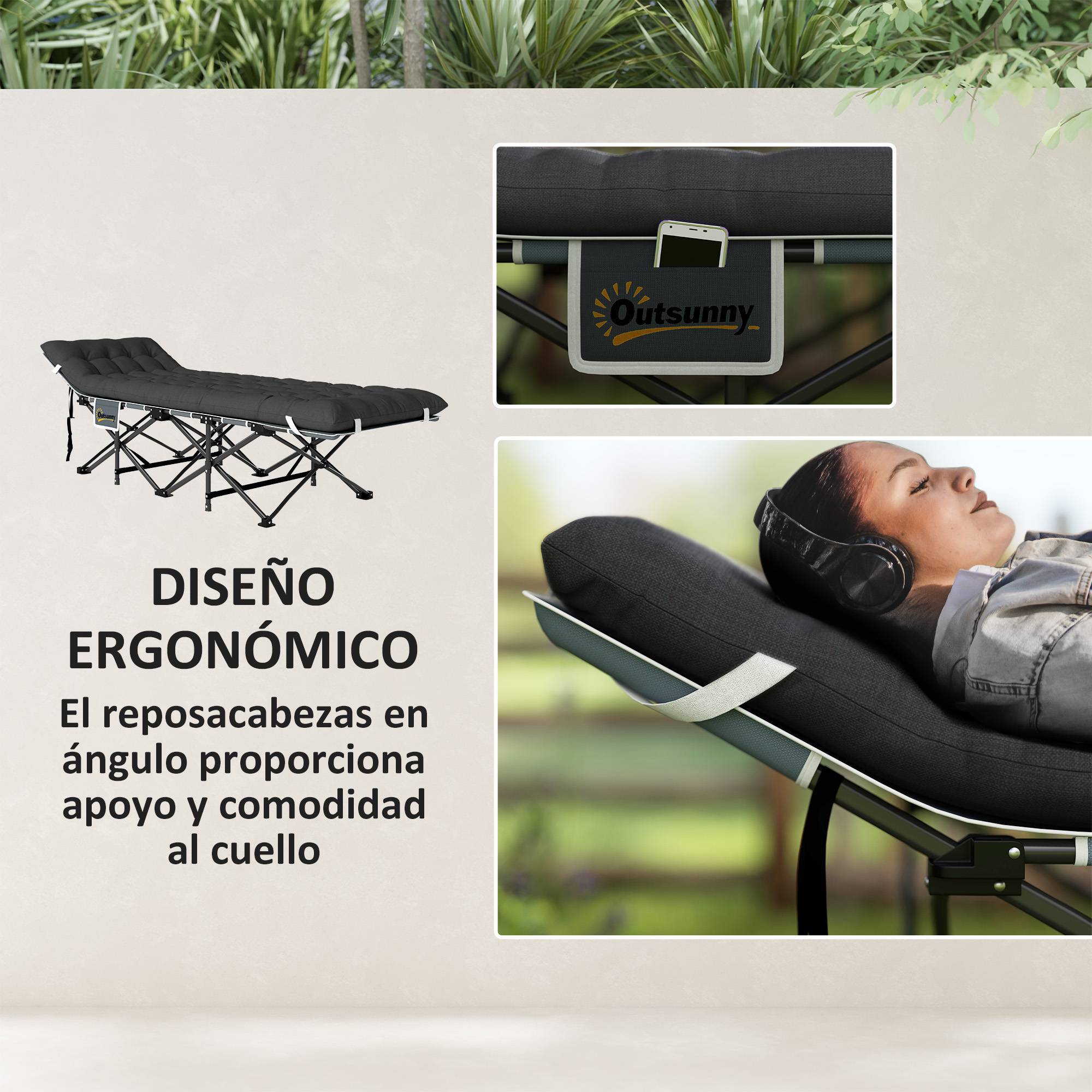 Lit de camping pliant avec matelas amovible, appui-tête et sac de transport 186 x 68 x 37 cm Noir - Image 7