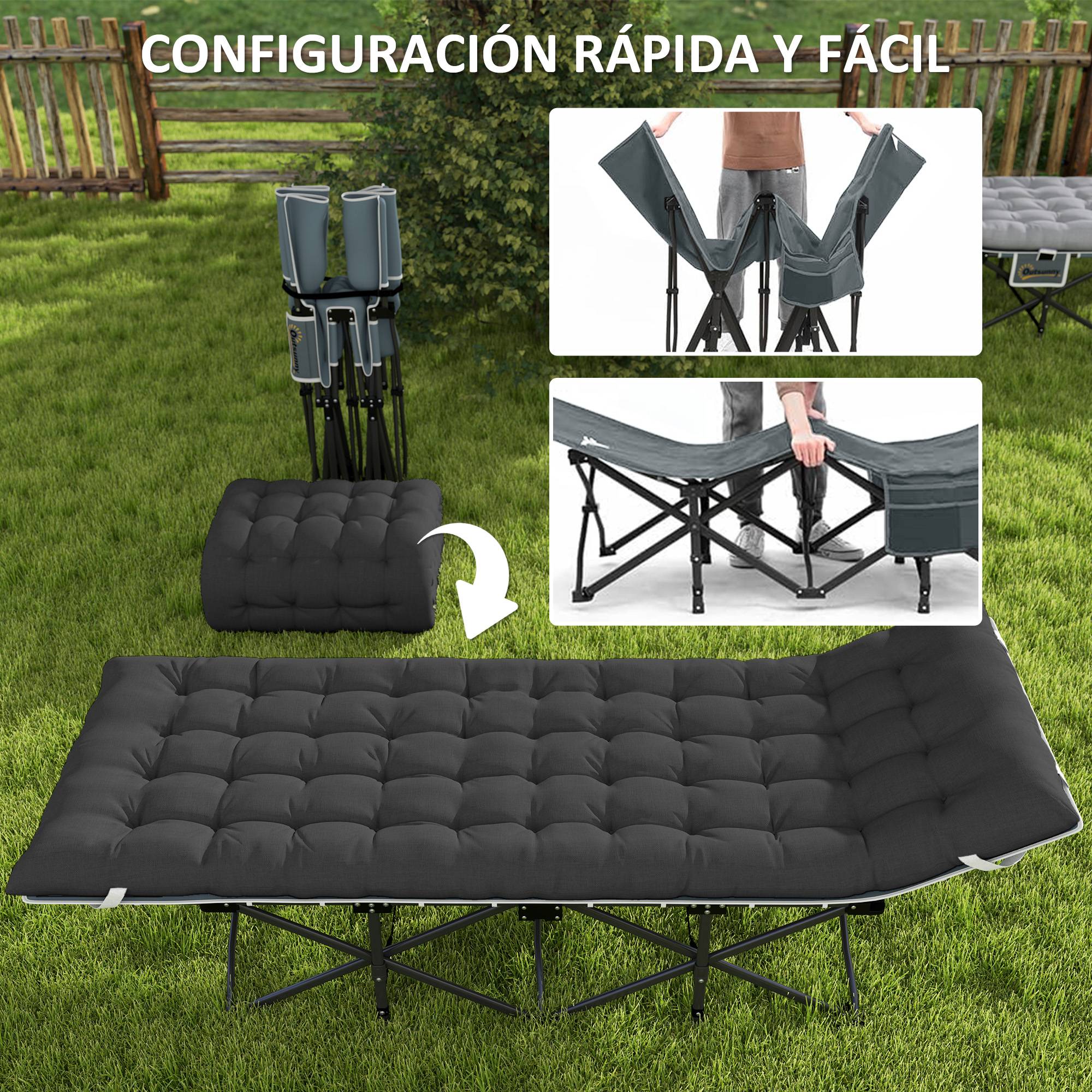 Lit de camping pliant avec matelas amovible, appui-tête et sac de transport 186 x 68 x 37 cm Noir - Image 9